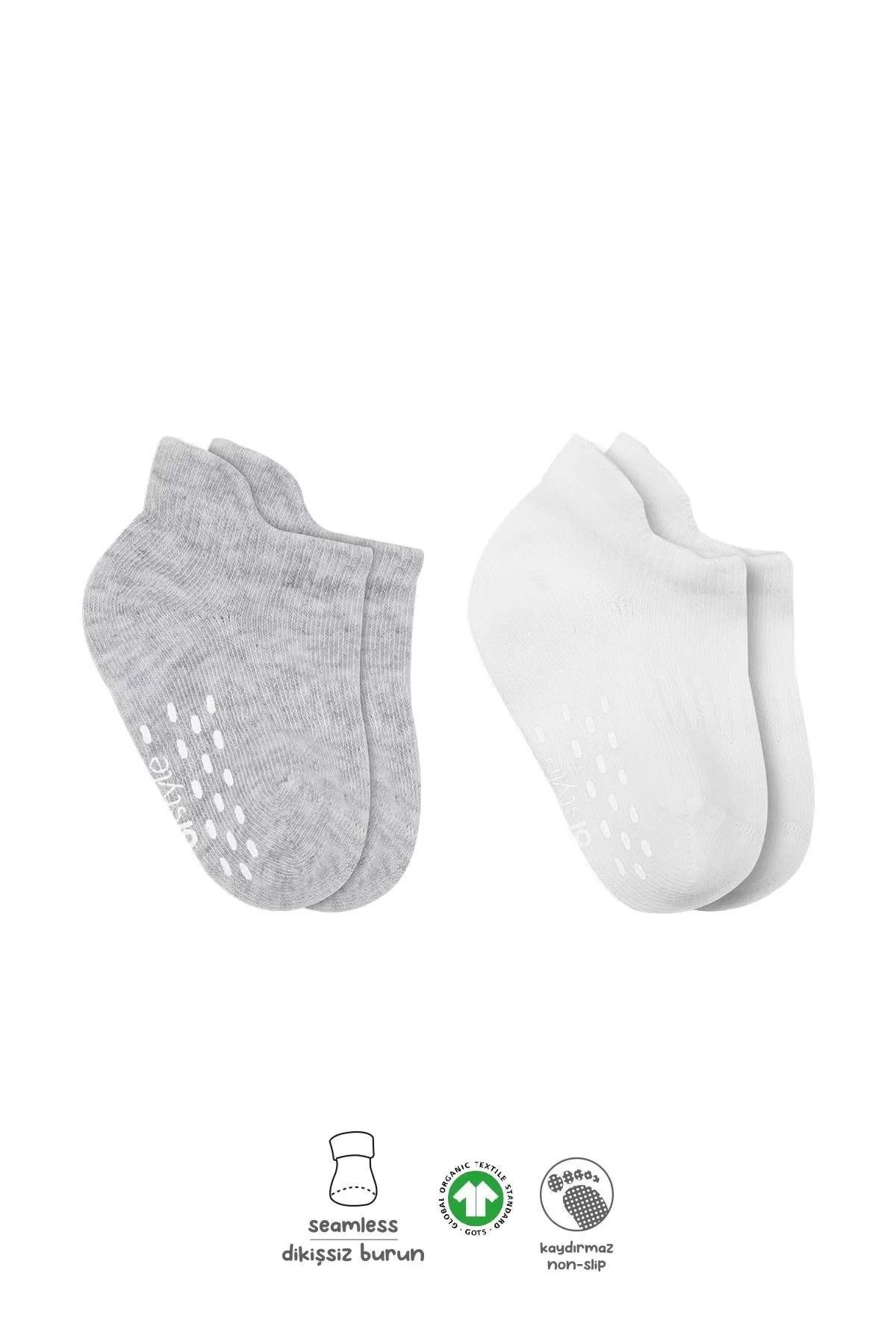 narniabutik 2'li Sneakers Kaymaz Basic Penye Çorap Bs20103 Gri Beyaz