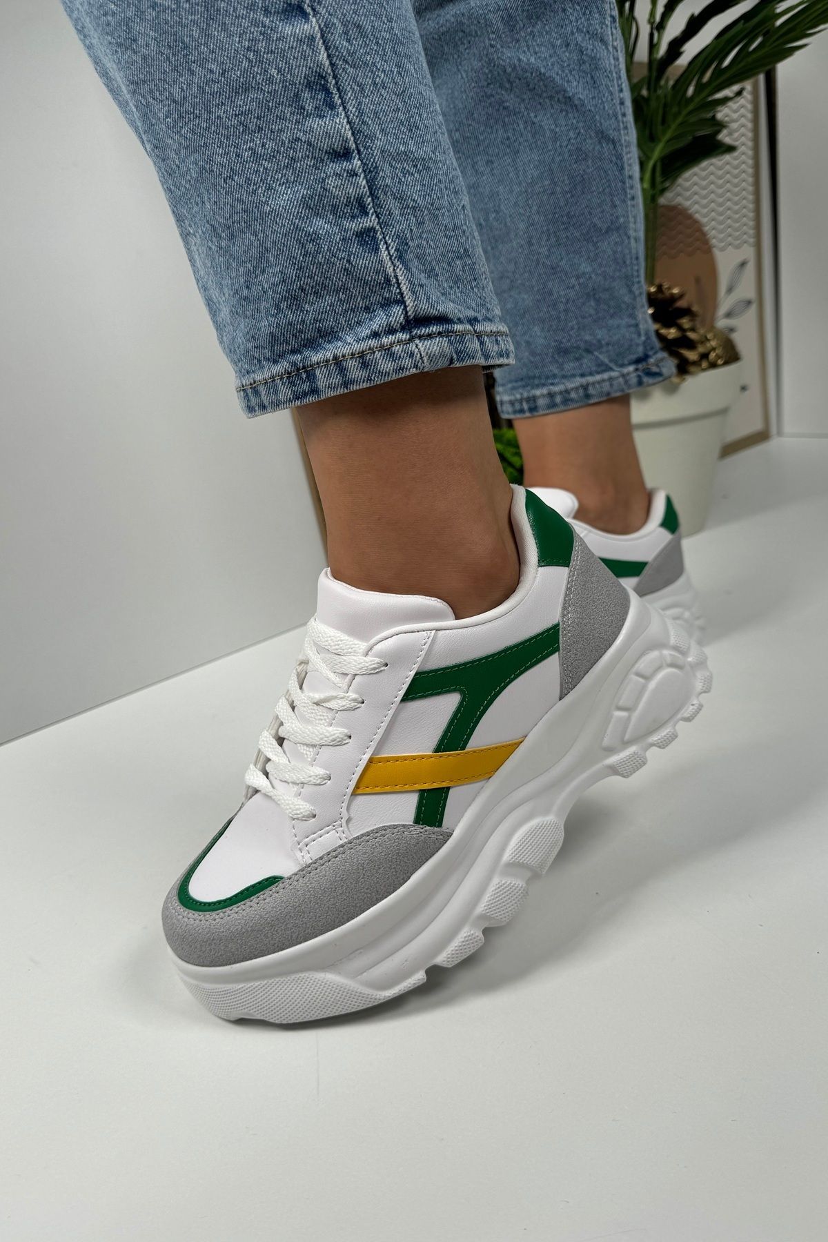 Nstil-Stone Green Yellow Women's Sneakers - Thick High Sole, Lace-Up Tiger Stripe 032 6