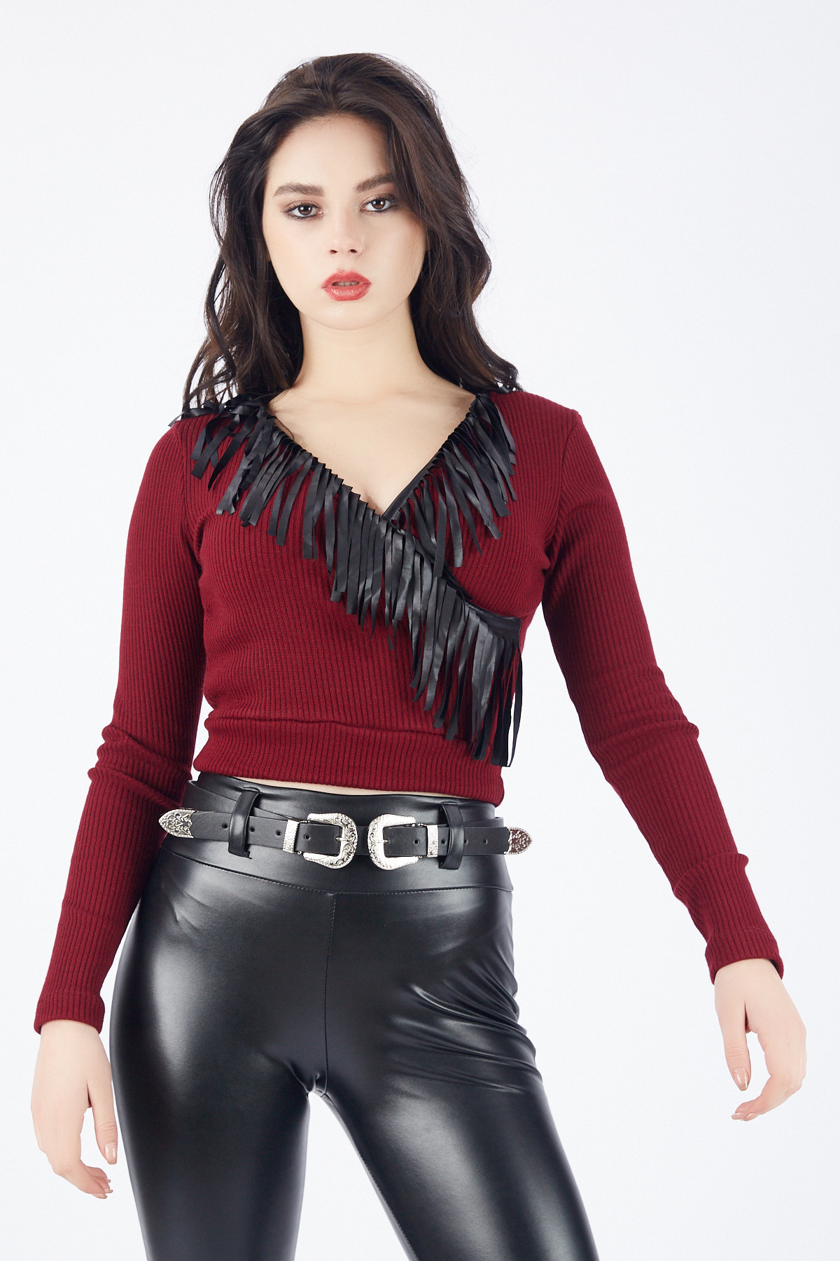 Long Sleeve Dry Collar 2x2 Ribbed Blouse | Blz31022 Claret Red