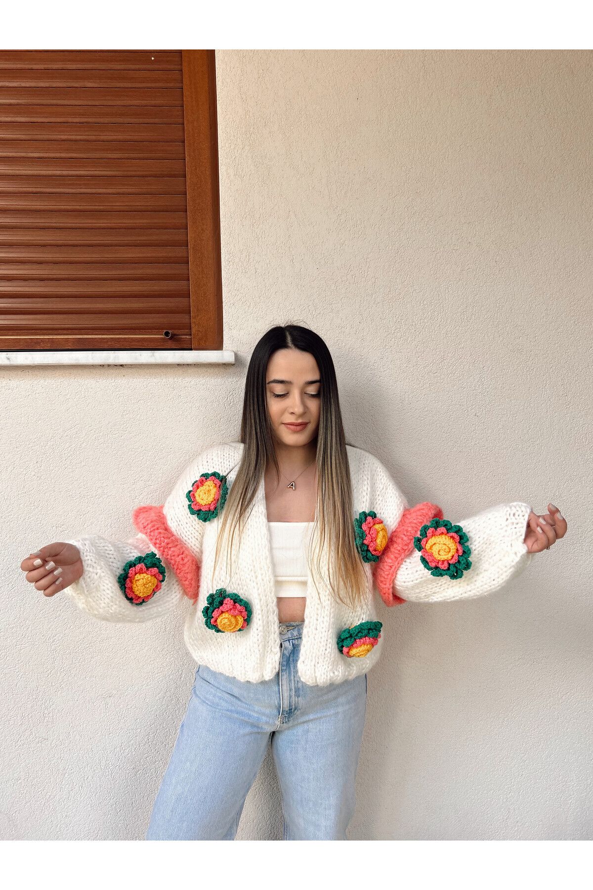mihal boutique-Cardigan tricotat manual cu flori 3D 2