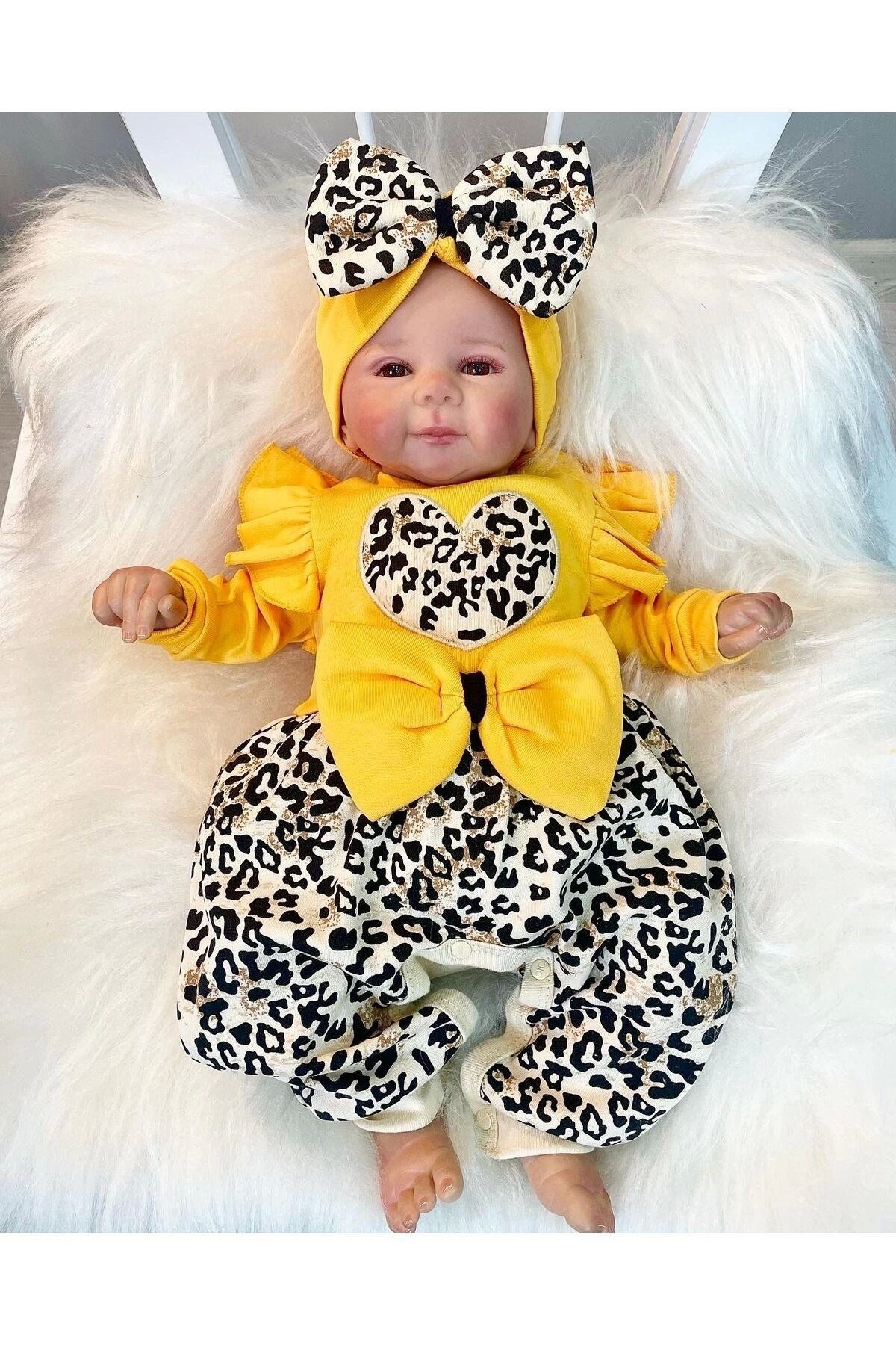 Babydonat Fiyonklu Leopar Desenli % 100 Pamuk Kız Bebek Takım