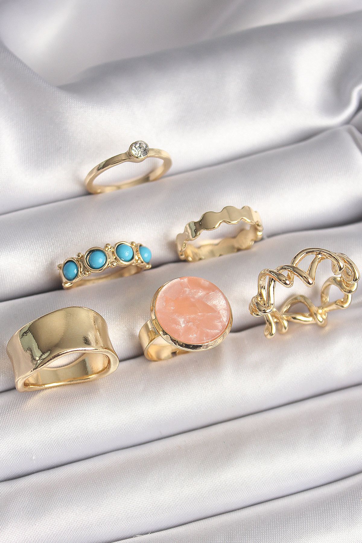 BZK ACCESSORİES Pirinç Gold Renk Daire Pembe Mineli Zirkon Taş Detaylı 6'Lı Kadın Yüzük Seti