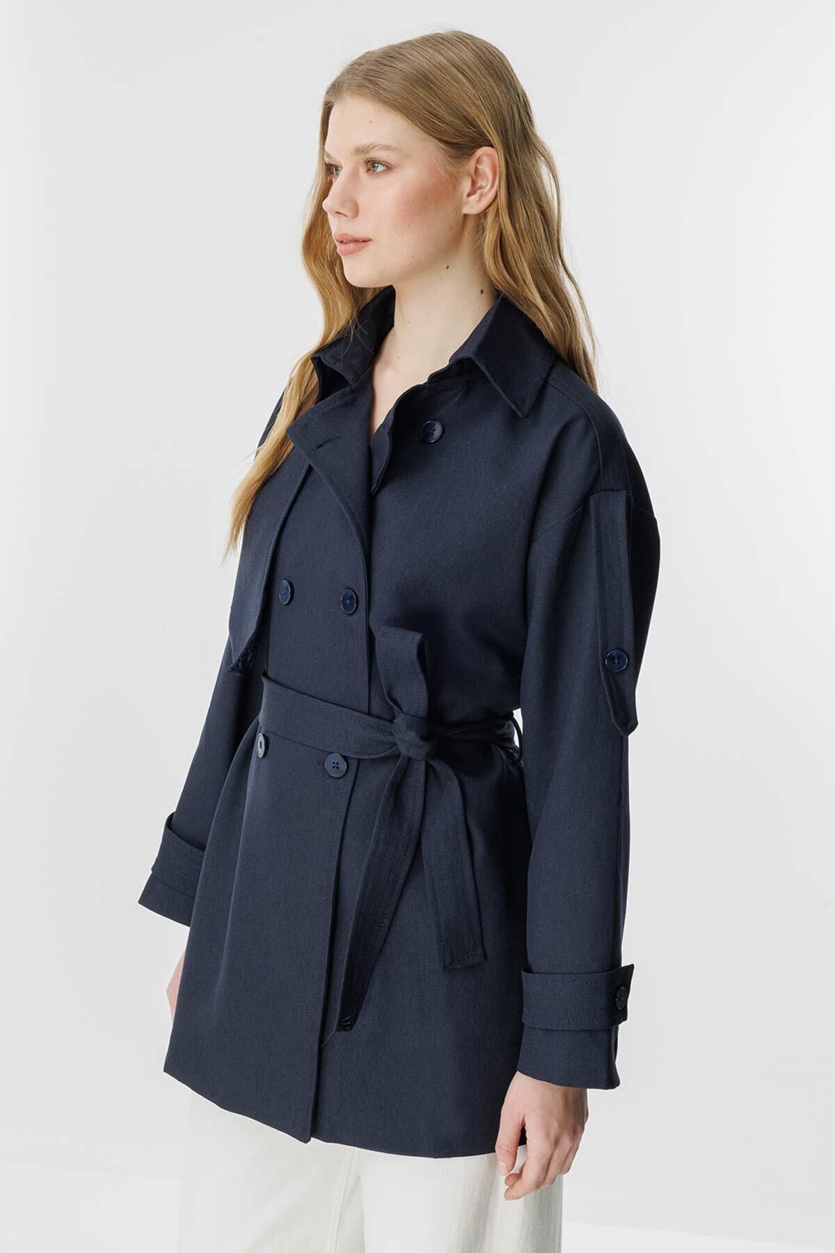 Hooopstore-Kruvaze Overize Short Dark Blue Trench Coat 4