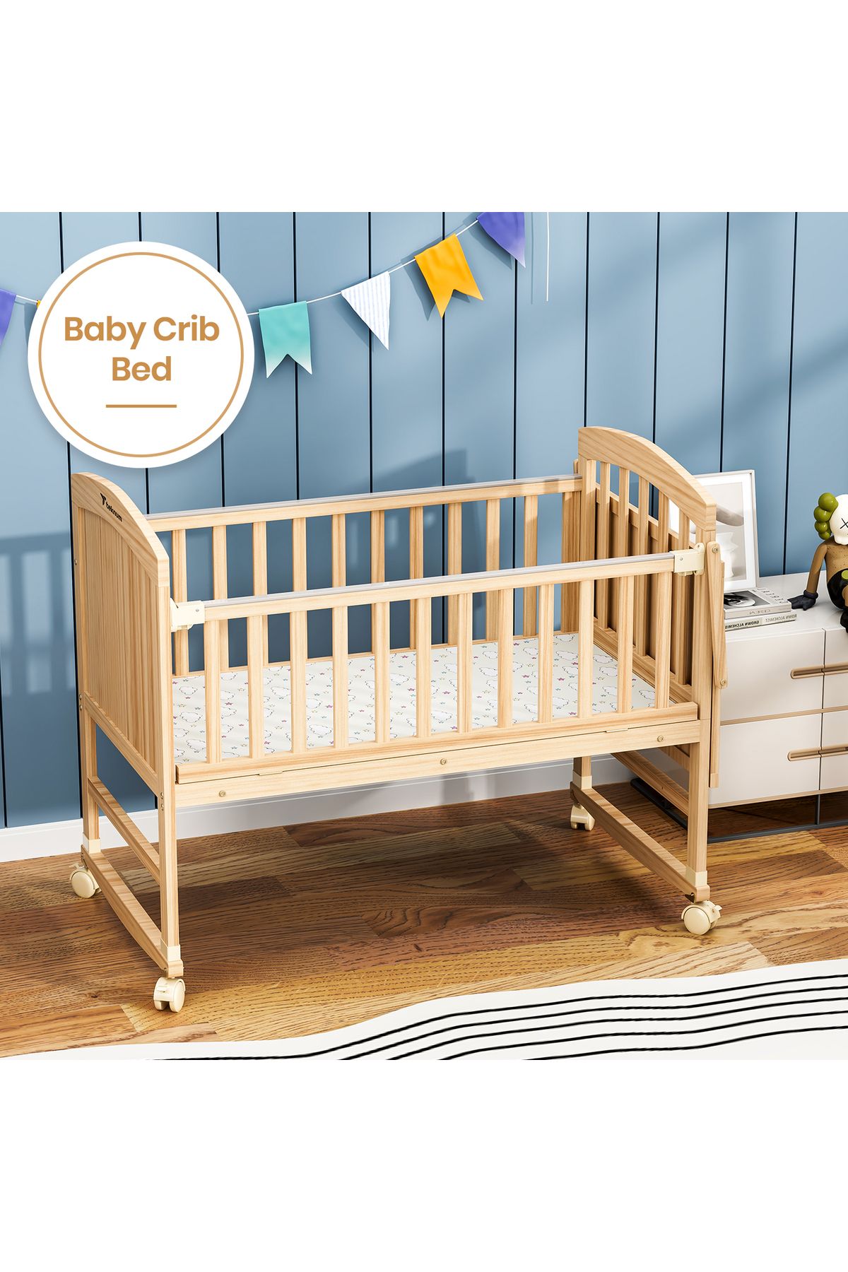 TEKNUM-7 in 1 Convertible Kids Bed & Bedside Crib w / Mattress, Mosquito net(0 - 12yrs) - Natural Wood 5