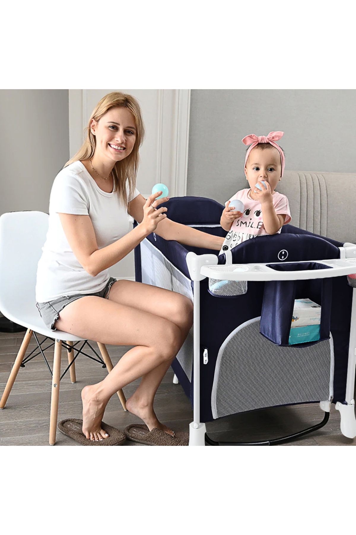 TEKNUM-4 in 1 Baby Bedside Co - Sleeper Bassinet and Playpen wt Rocker Navy Blue 7