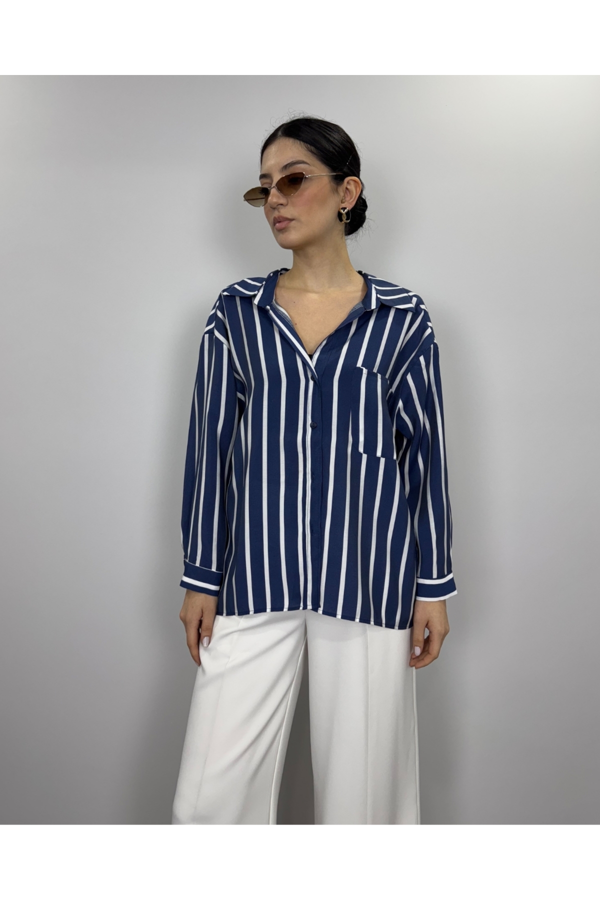پیراهن گشاد گشاد راه راه سرمه‌ای پارچه مودال  پیراهن deqfashion
