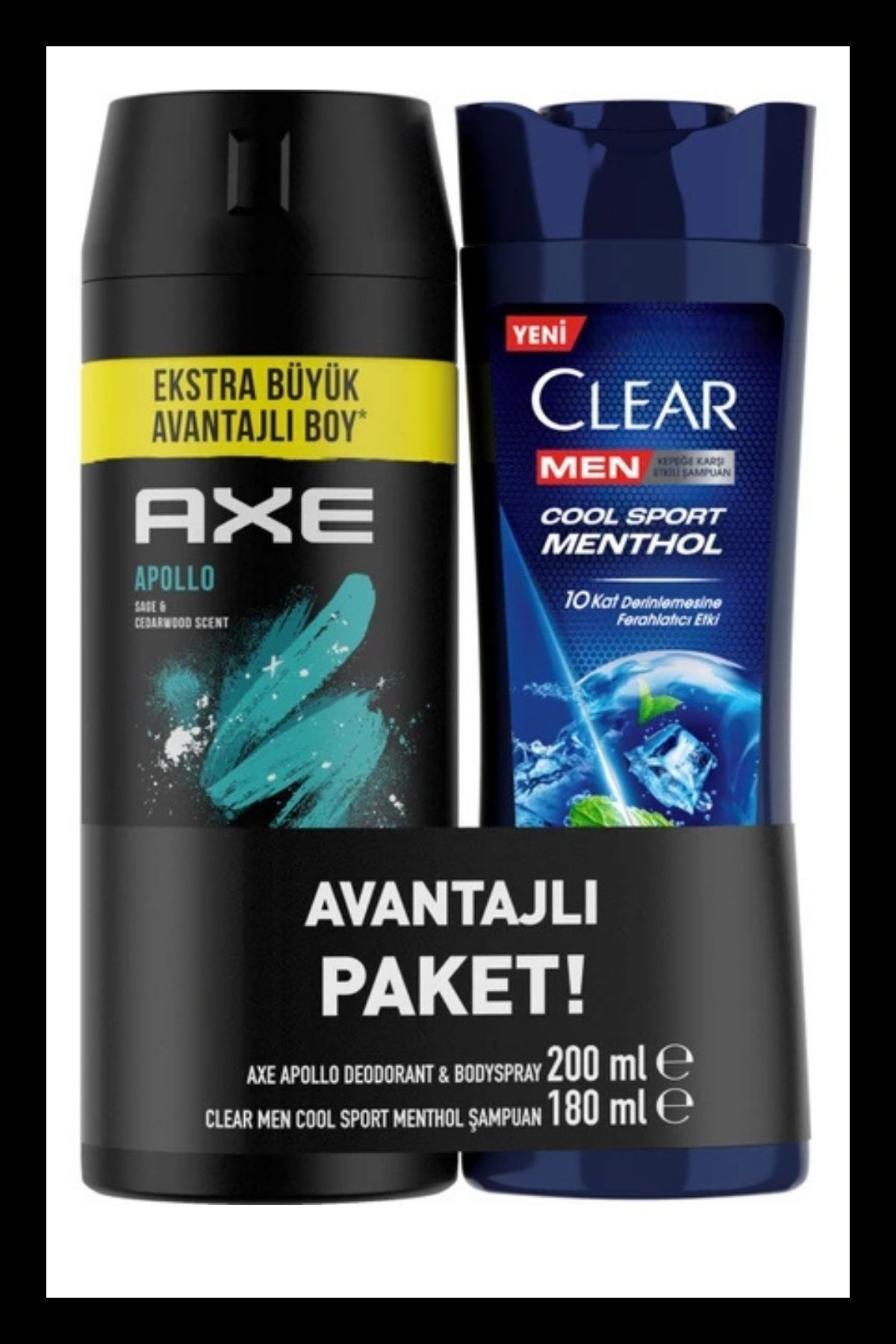 Axe Avantajlı Paket Erkek Sprey Deodorant Apollo 200 ml + Clear Men Cool Sport Menthol 180 ml