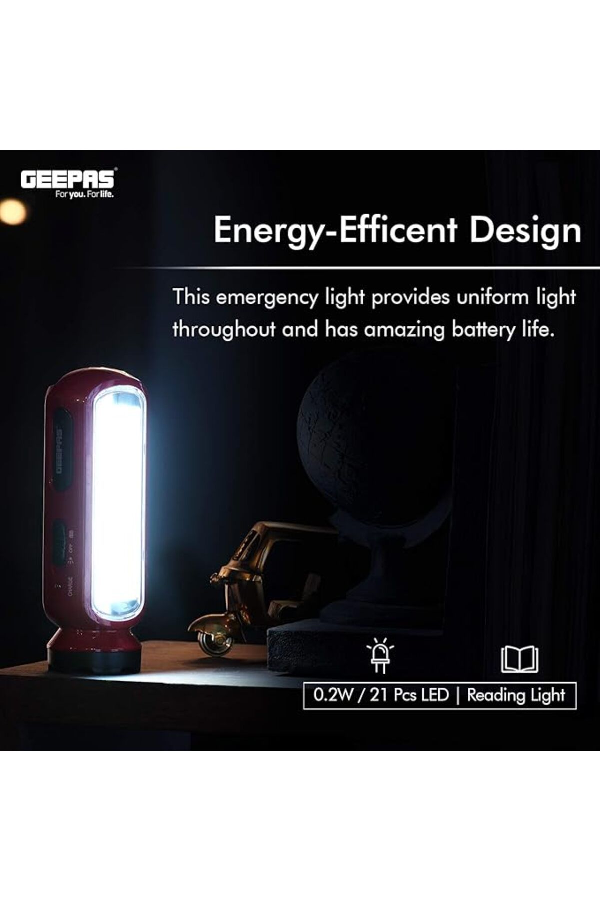 Geepas-GFL4676 مصباح LED قابل لإعادة الشحن مع فانوس طوارئ، متعدد الوظائف عند انقطاع التيار الكهربائي 5