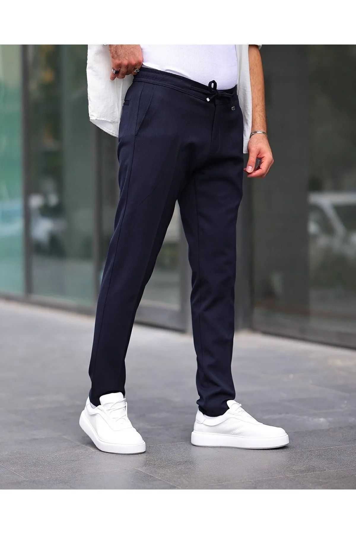 BYİBRAHİM-Men's Jogger Style Lycra Pants with Elastic Waist, Zipper and Buttons 2