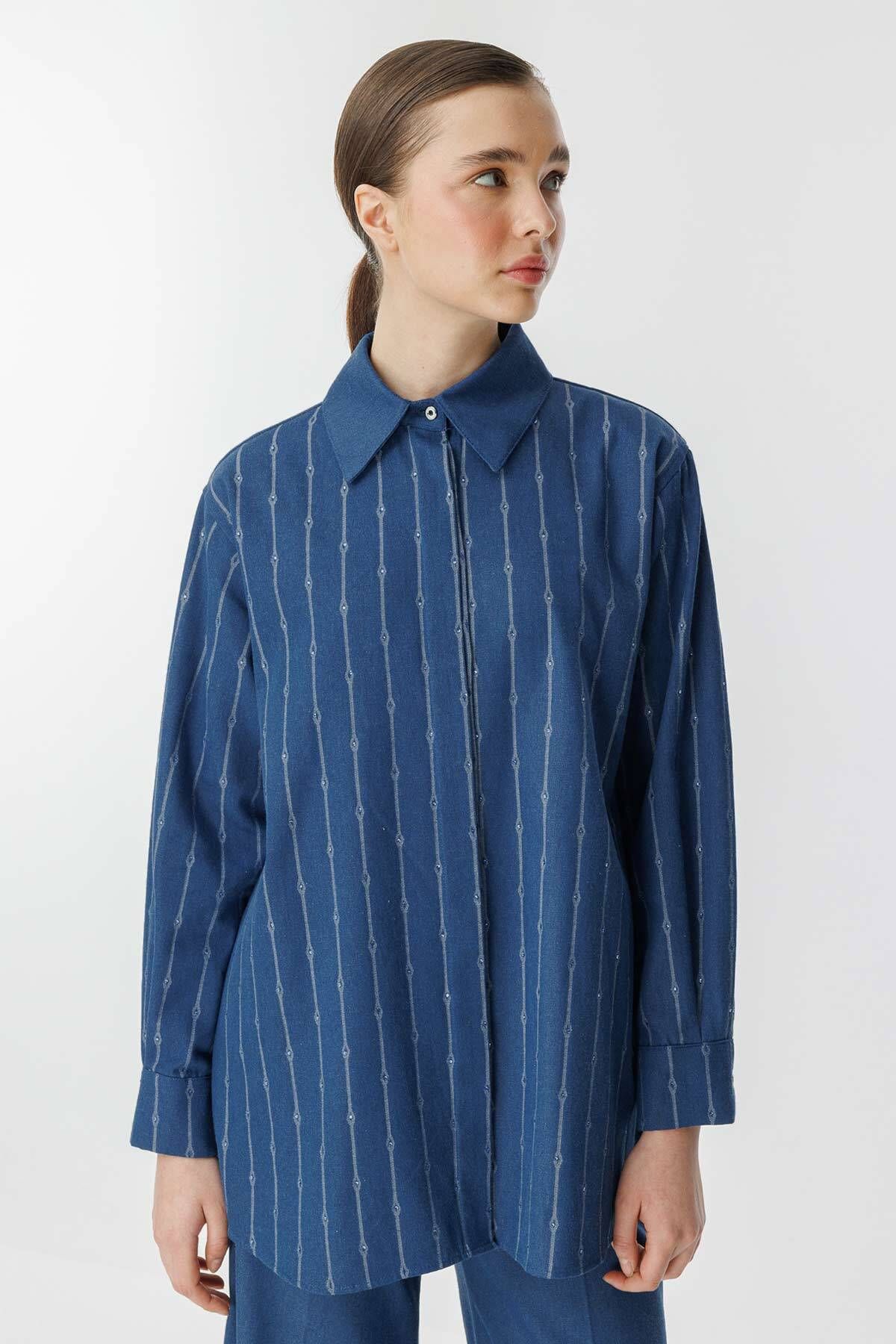 Hooopstore-Cămașă albastră din denim cu model de piatră 3
