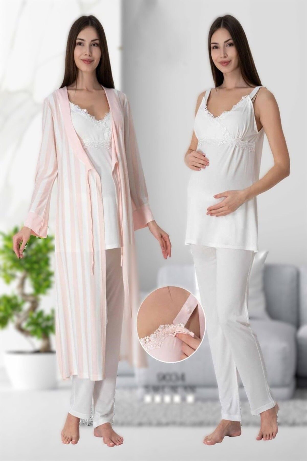 LOHOUSE-Women's Ecru Stripe Strap Cotton Maternity Maternity 3-Piece Pajama Set 1