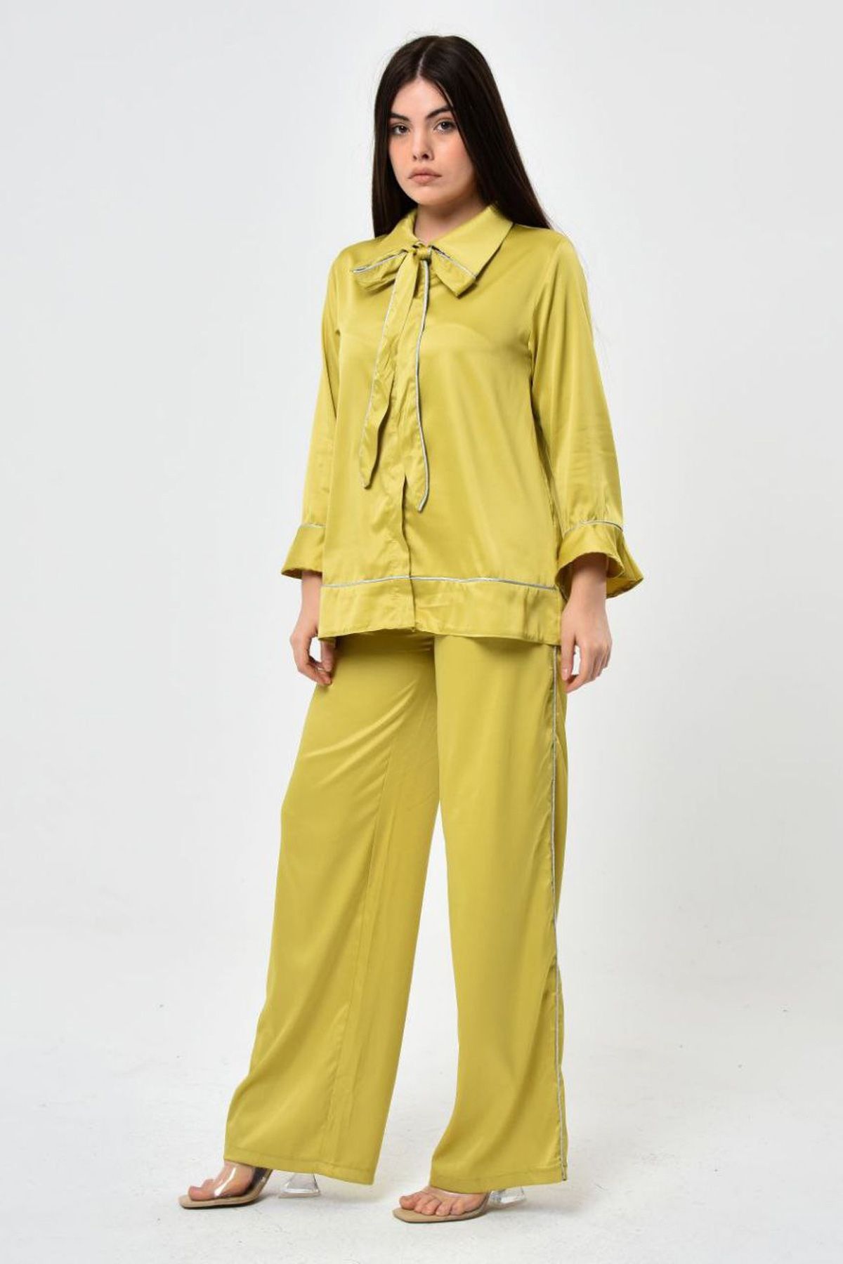 KUBOS MODA-Yellow Satin Set with Tie Collar 2