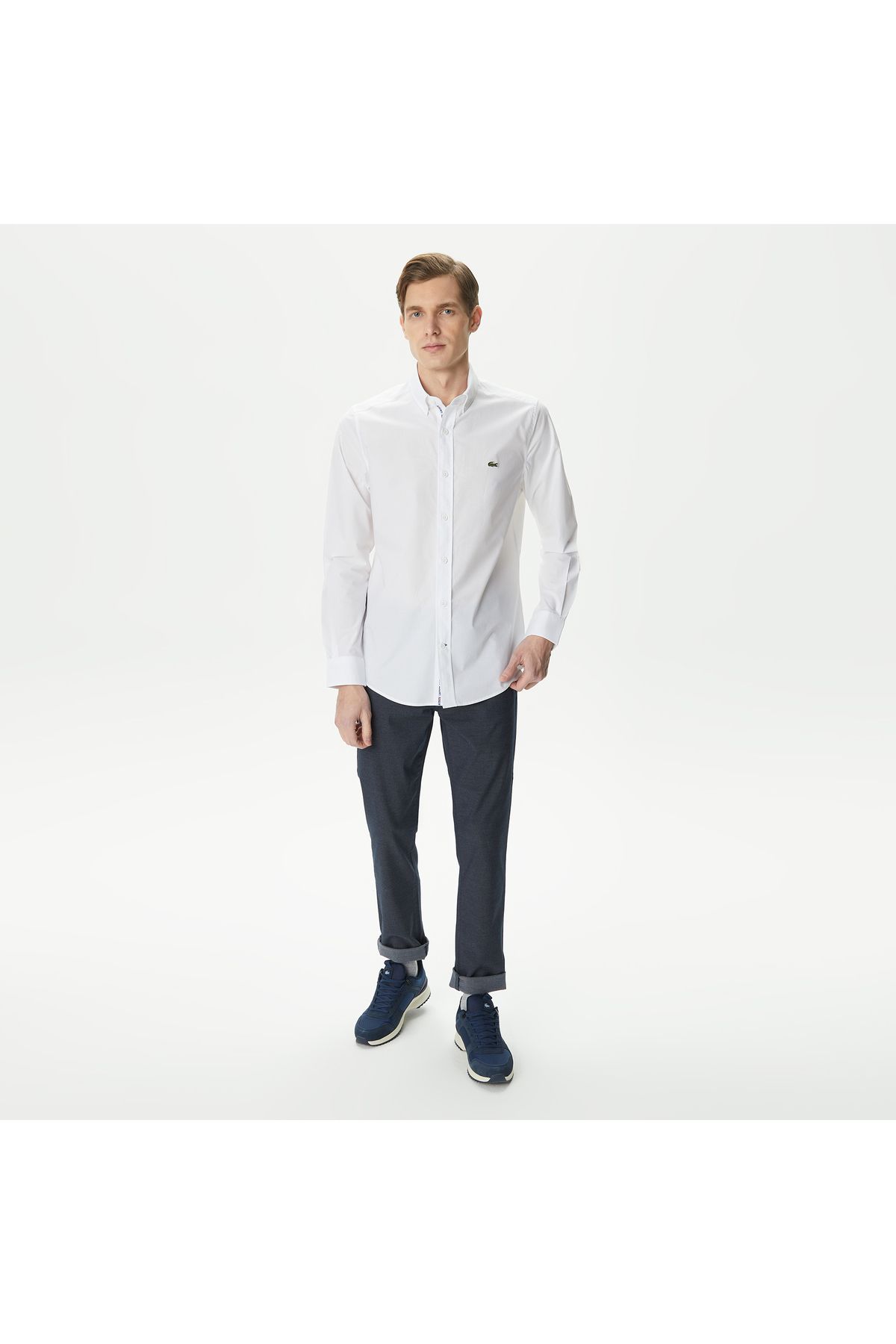 پیراهن / بلوز دکمه دار سفید مردانه باریک اورجینال Lacoste