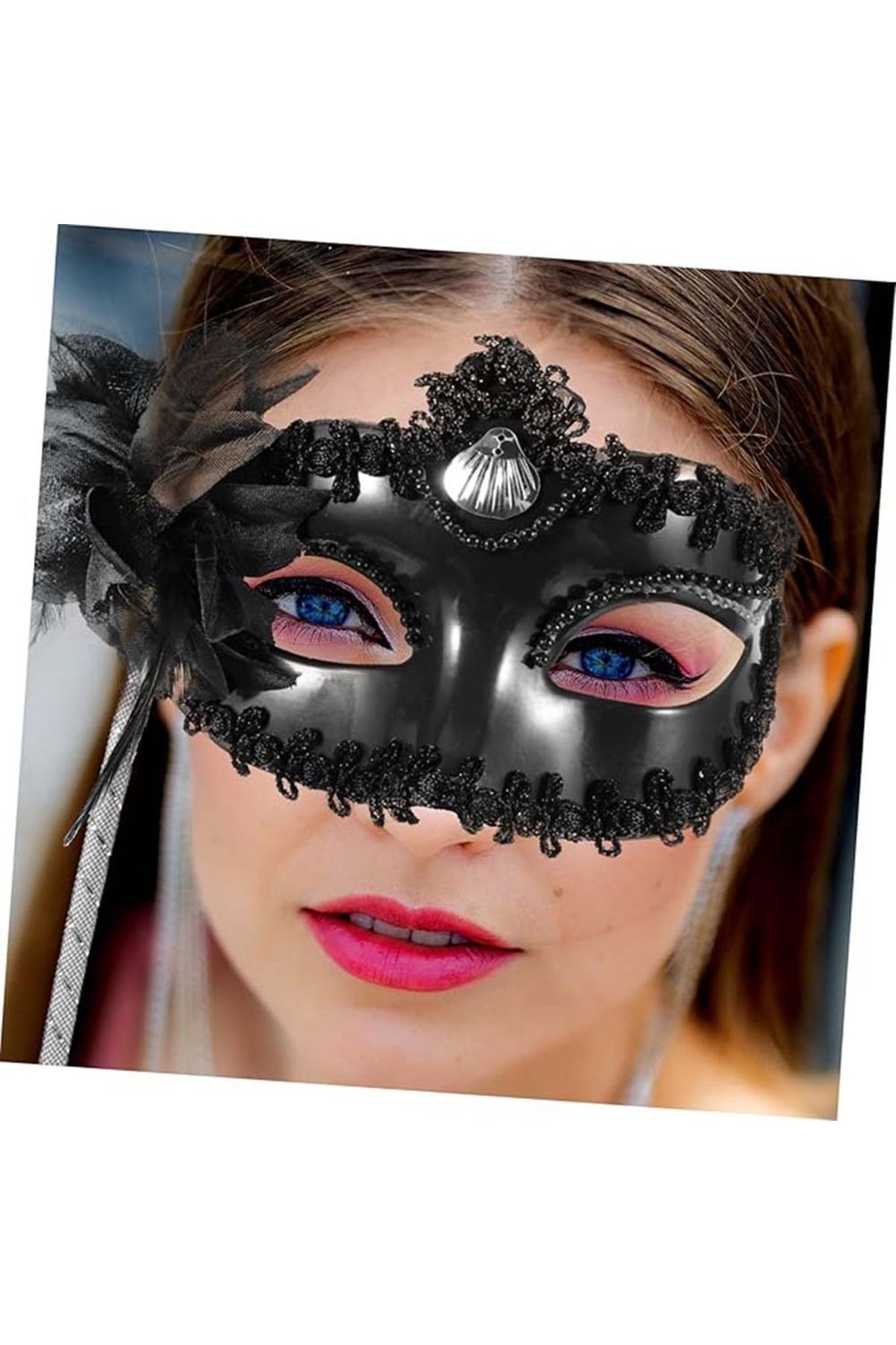Avantaj Kapıda ® Siyah Işıltılı Tutmalı Fotoğraf Çekimi Maskesi 18x29 cm (Parti Temalı)