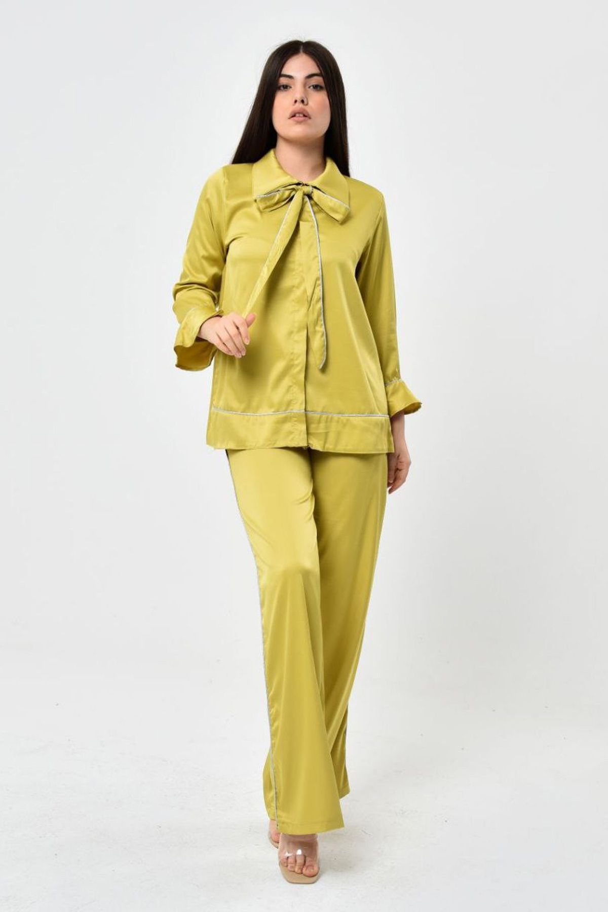 KUBOS MODA-Yellow Satin Set with Tie Collar 3