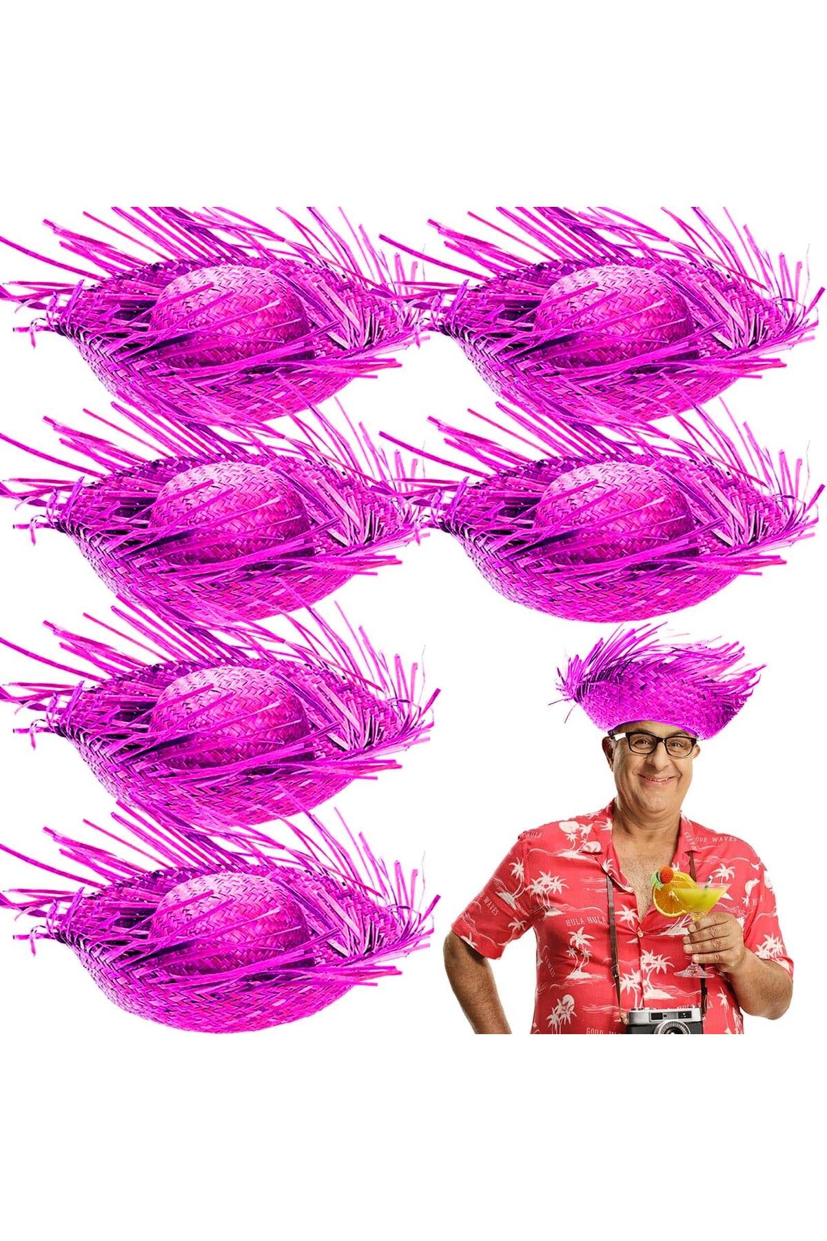 Avantaj Kapıda ® Tropikal Parti Pembe Fuşya Hasır Hawaii Şapkası 13x36 cm (Parti Temalı)