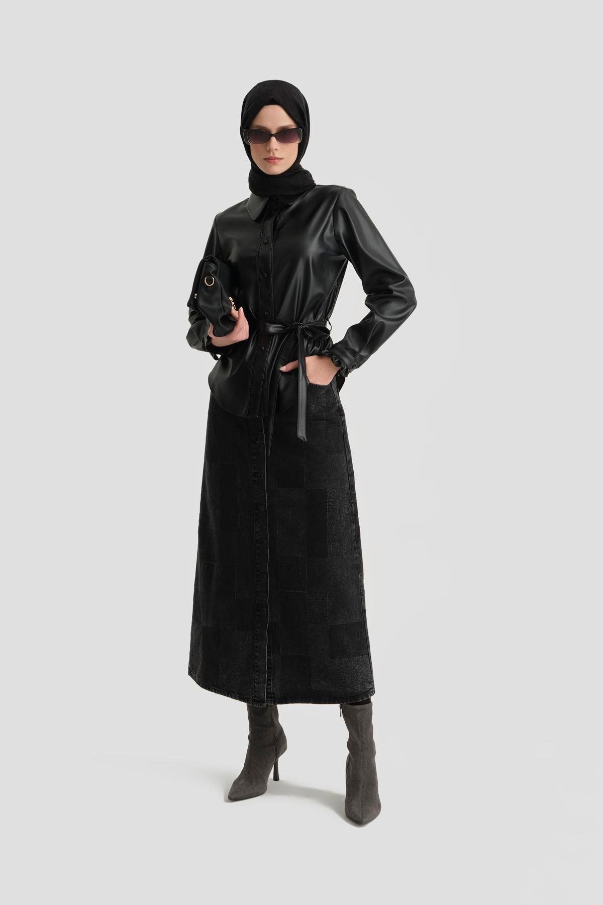 پیراهن چرمی راه راه بافتنی 24k3610 مشکی Armine