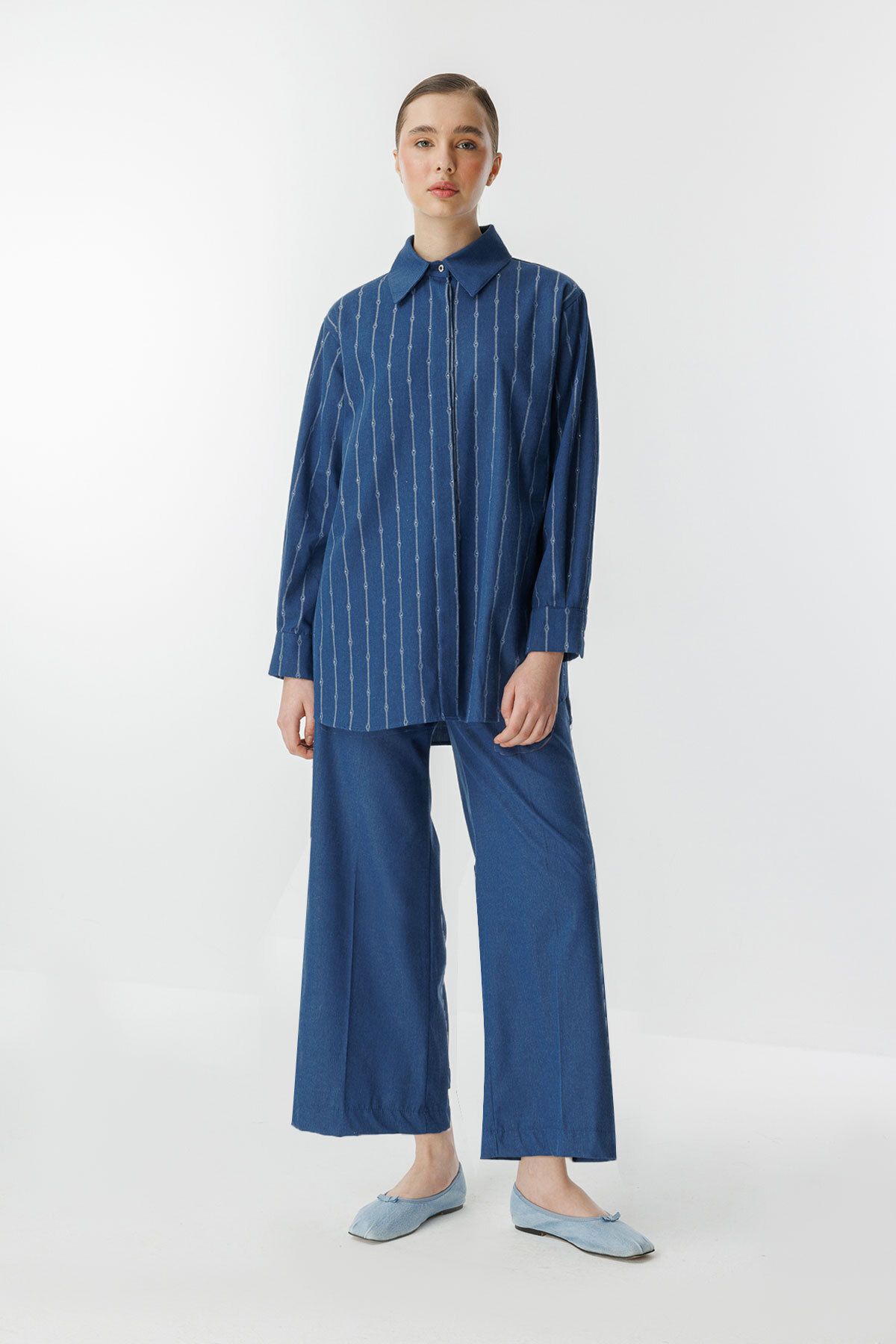 Hooopstore-Cămașă albastră din denim cu model de piatră 5