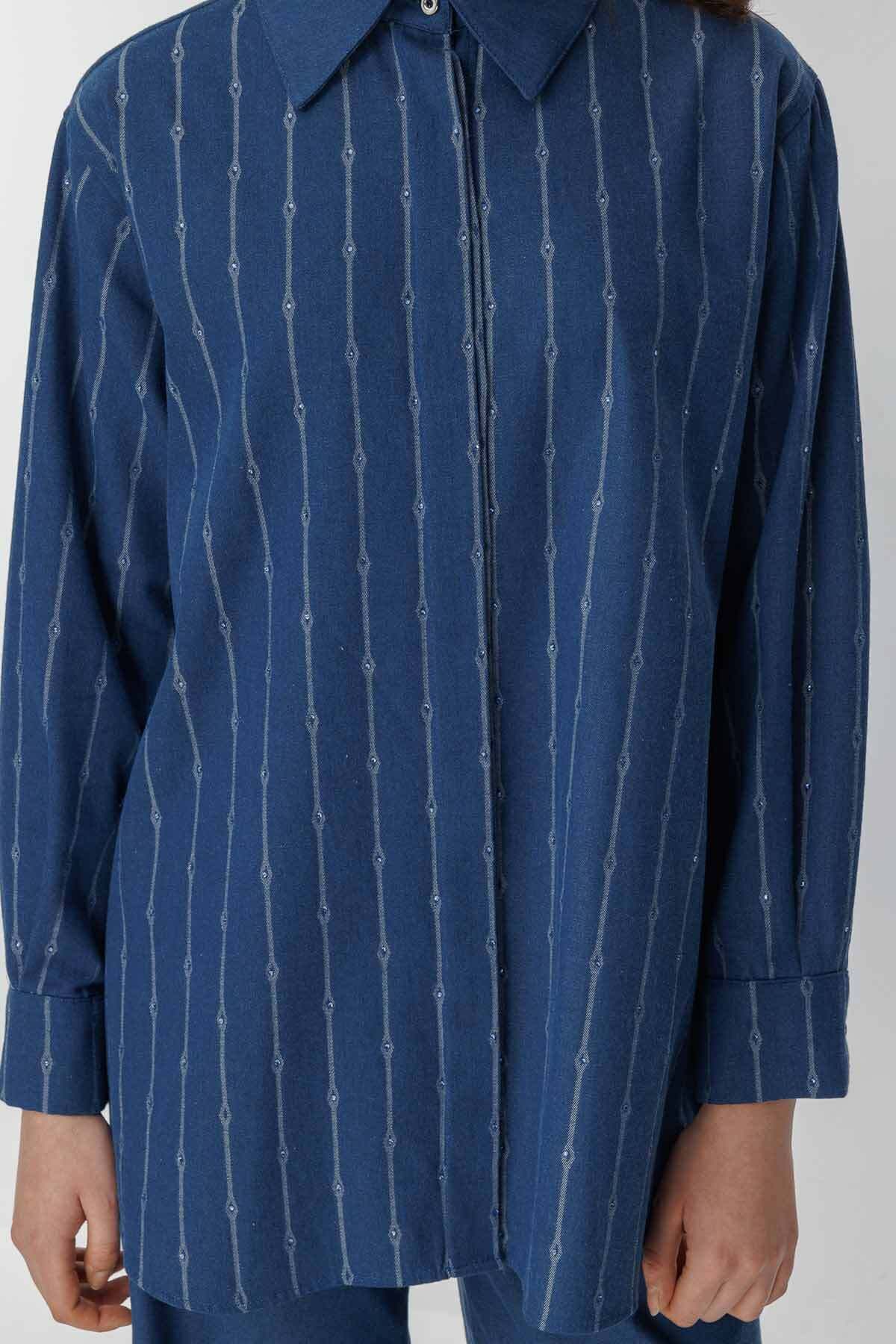 Hooopstore-Cămașă albastră din denim cu model de piatră 6