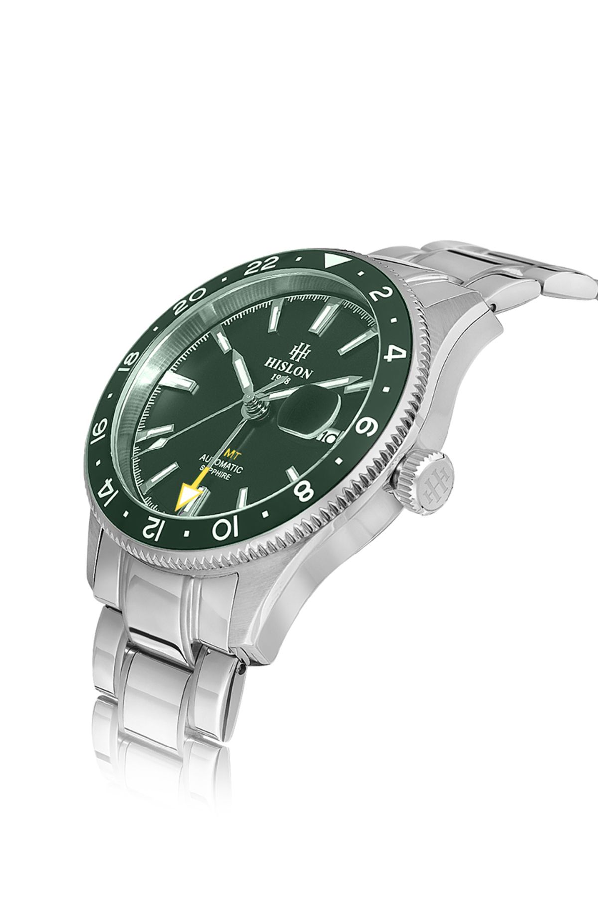 Hislon-Men's Silver-Green Steel Case Round Dial Metal Band Wrist Watch Quartz Mechanism Analog Display 4