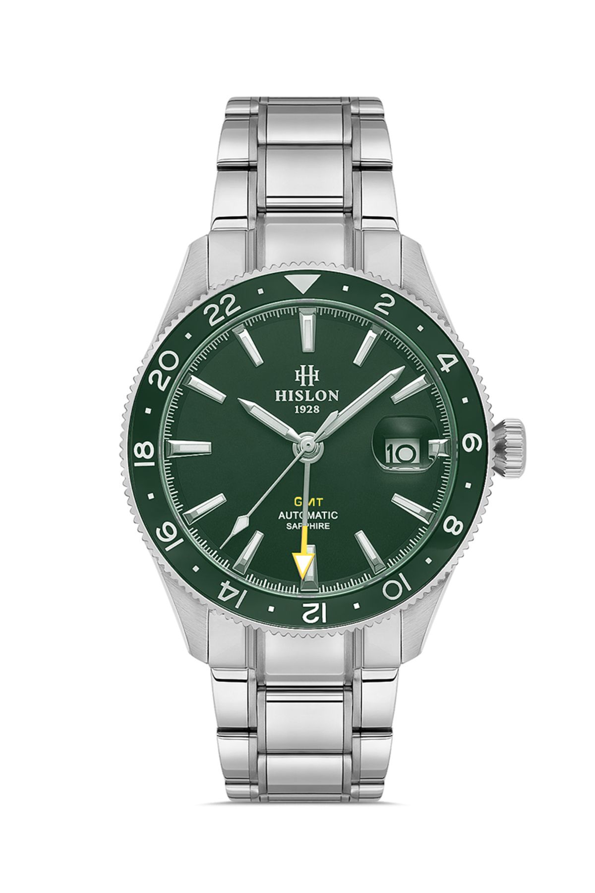 Hislon-Men's Silver-Green Steel Case Round Dial Metal Band Wrist Watch Quartz Mechanism Analog Display 1