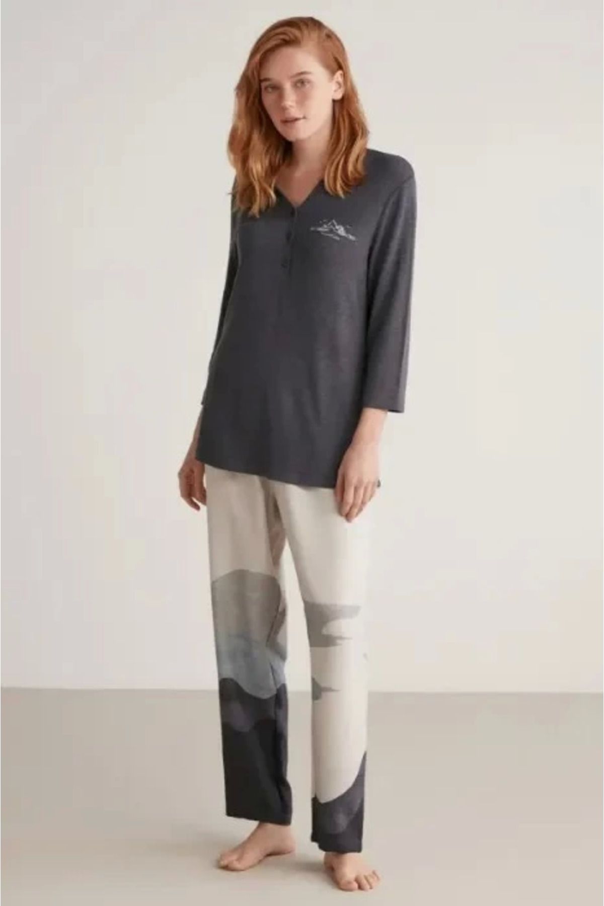 Kocabey W604 Kadın Patlı V Yaka Uzun Kollu Pijama Takımı