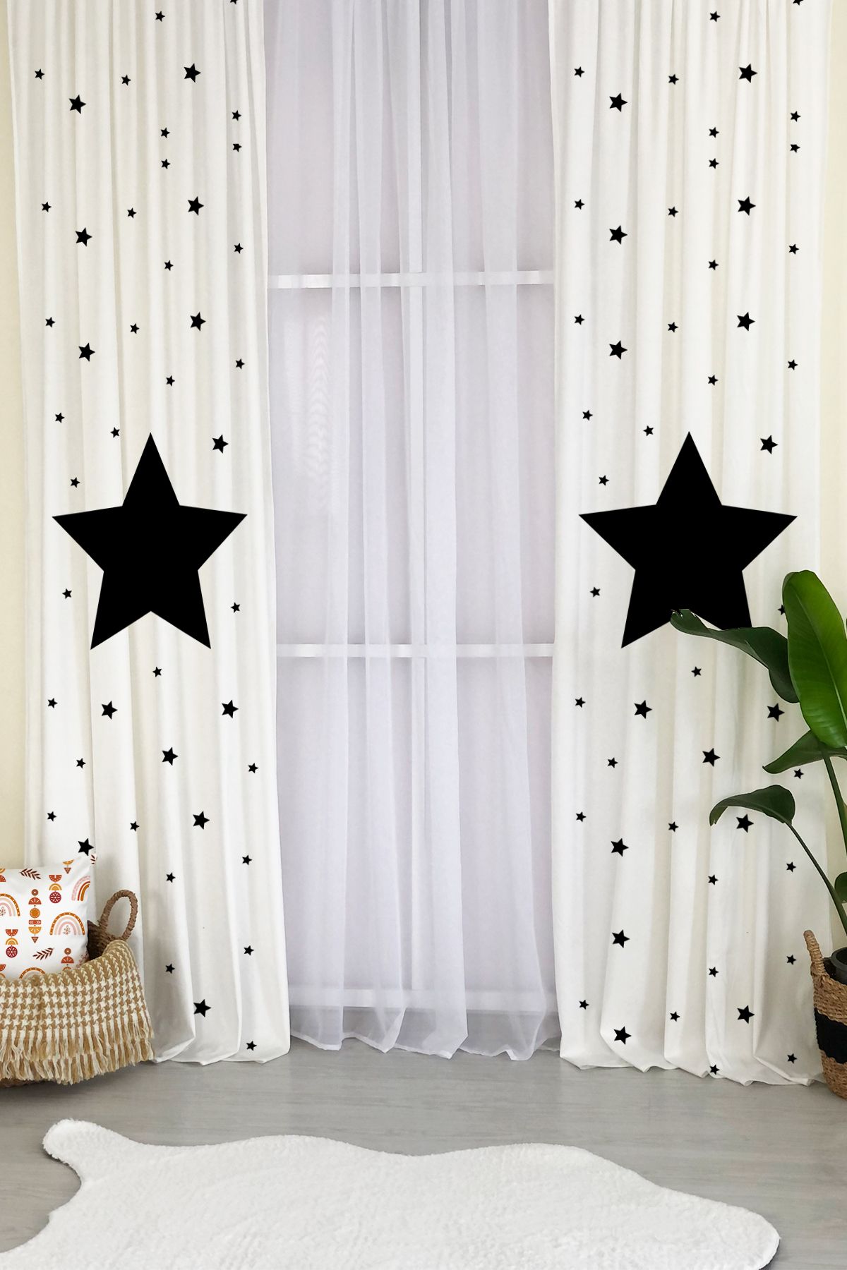 Evmila-Black Star White Background Curtain 242 2