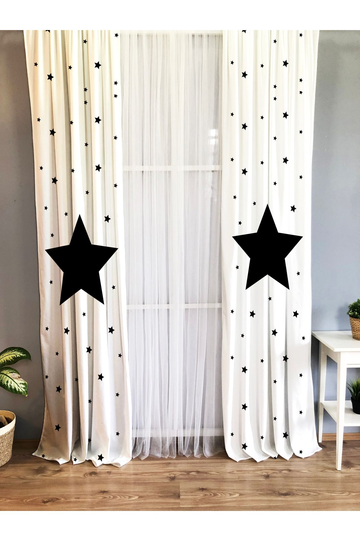 Evmila-Black Star White Background Curtain 242 1