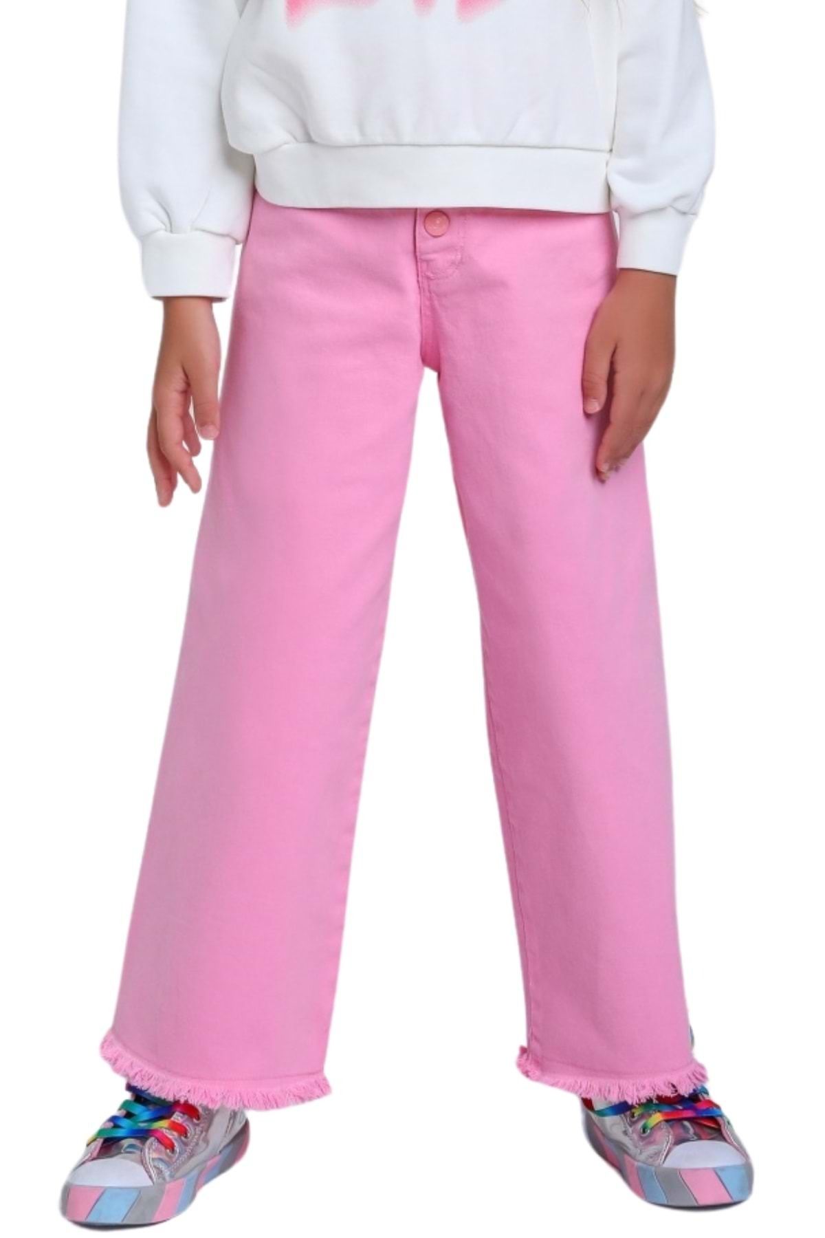 wakawakakidsstore Püsküllü Bol Paça Önden Düğmeli Kız Çocuk Kot Pantolon