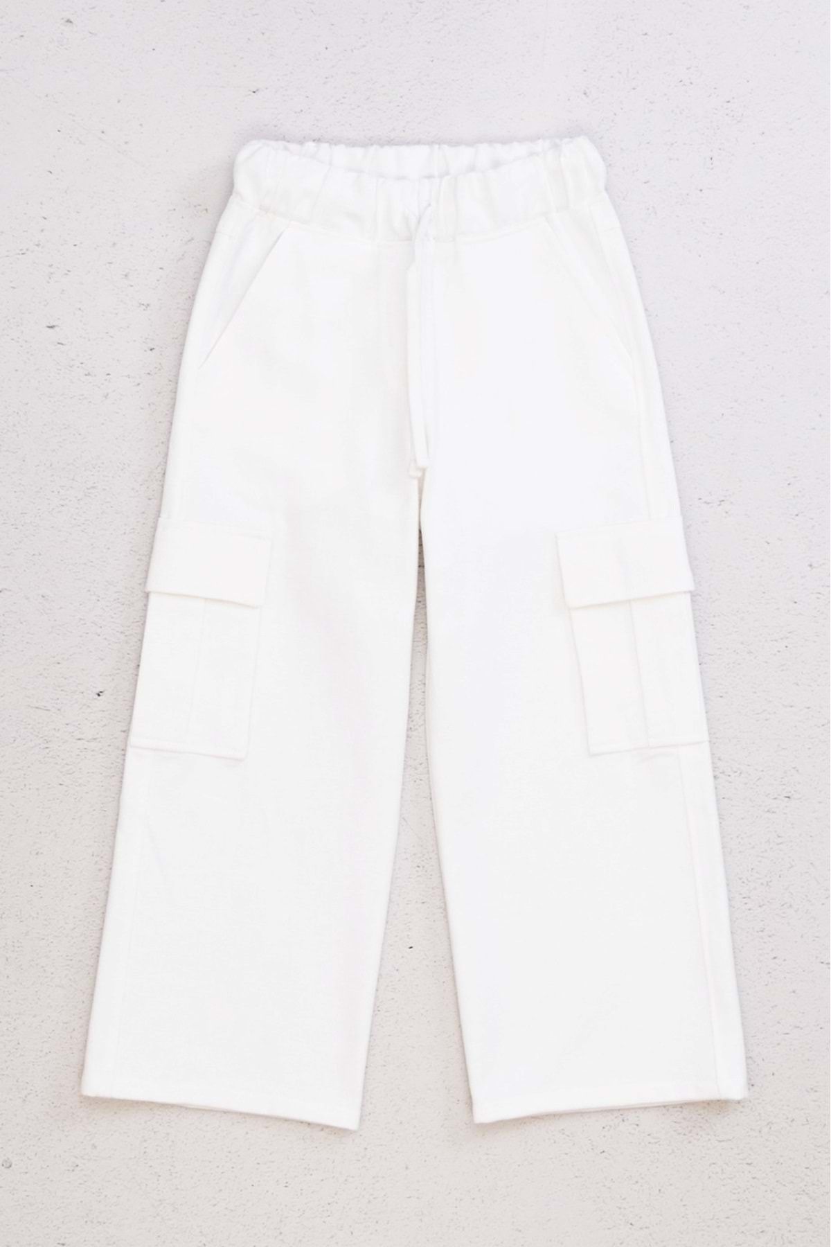 wakawakakidsstore Kız Çocuk Kargo Cepli Bol Paça Pantolon - Beyaz - 5-6 YAŞ