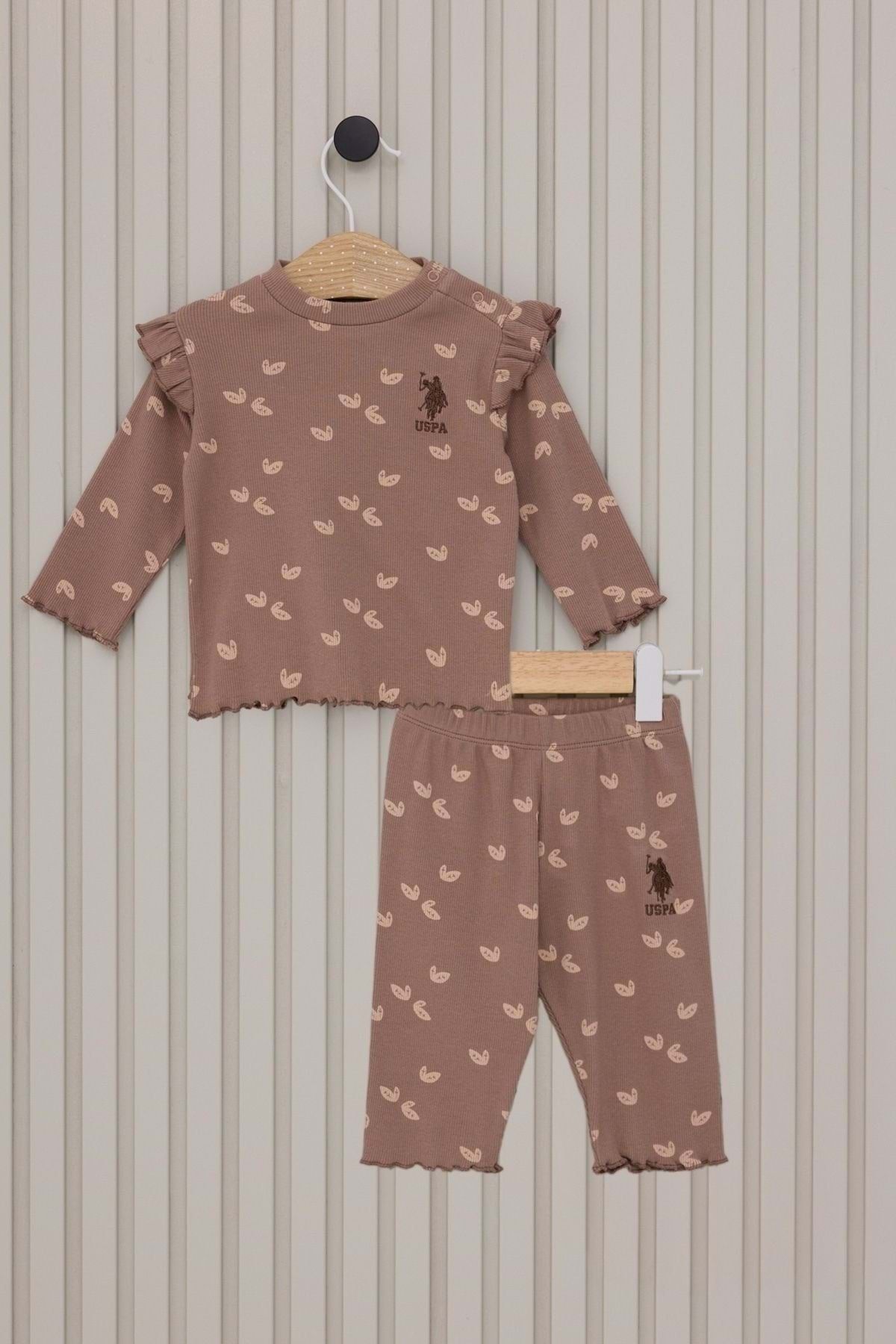 ww waka waka kids store Yaprak Paskılı Omuzu Fırfırlı Çıtçıt Kapamalı Kız Çocuk Taytlı Takım