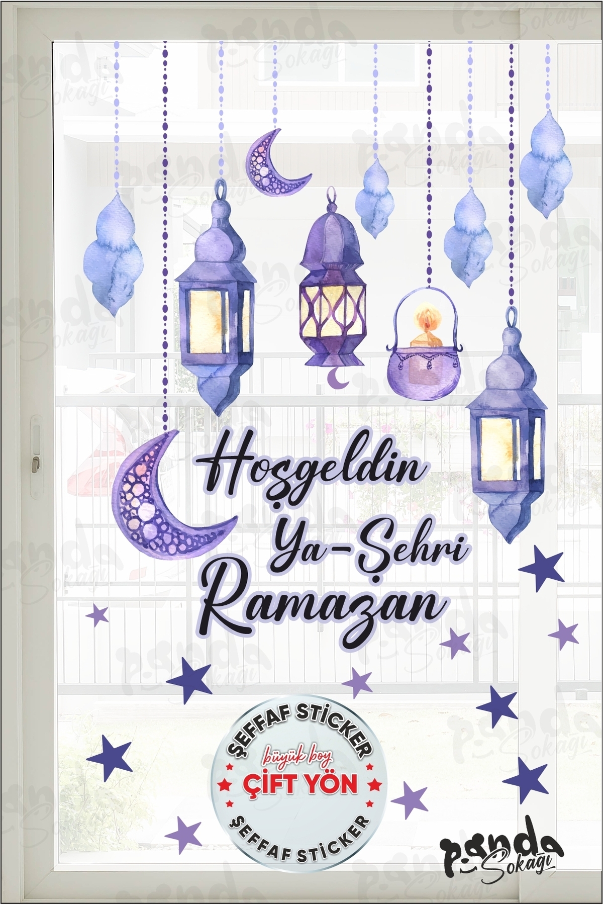 PANDA SOKAĞI Çift Yön Hoşgeldin Ramazan Soft Mor Temalı Fener Sarkıt Cam Duvar Dekorasyon Sticker Seti fotoğrafı 3 (önizleme)