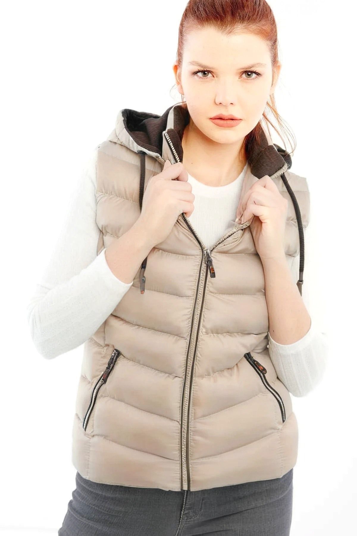 DYNAMO-Women's Ecru Hooded Puffer Vest Fleece Inside Hood 2