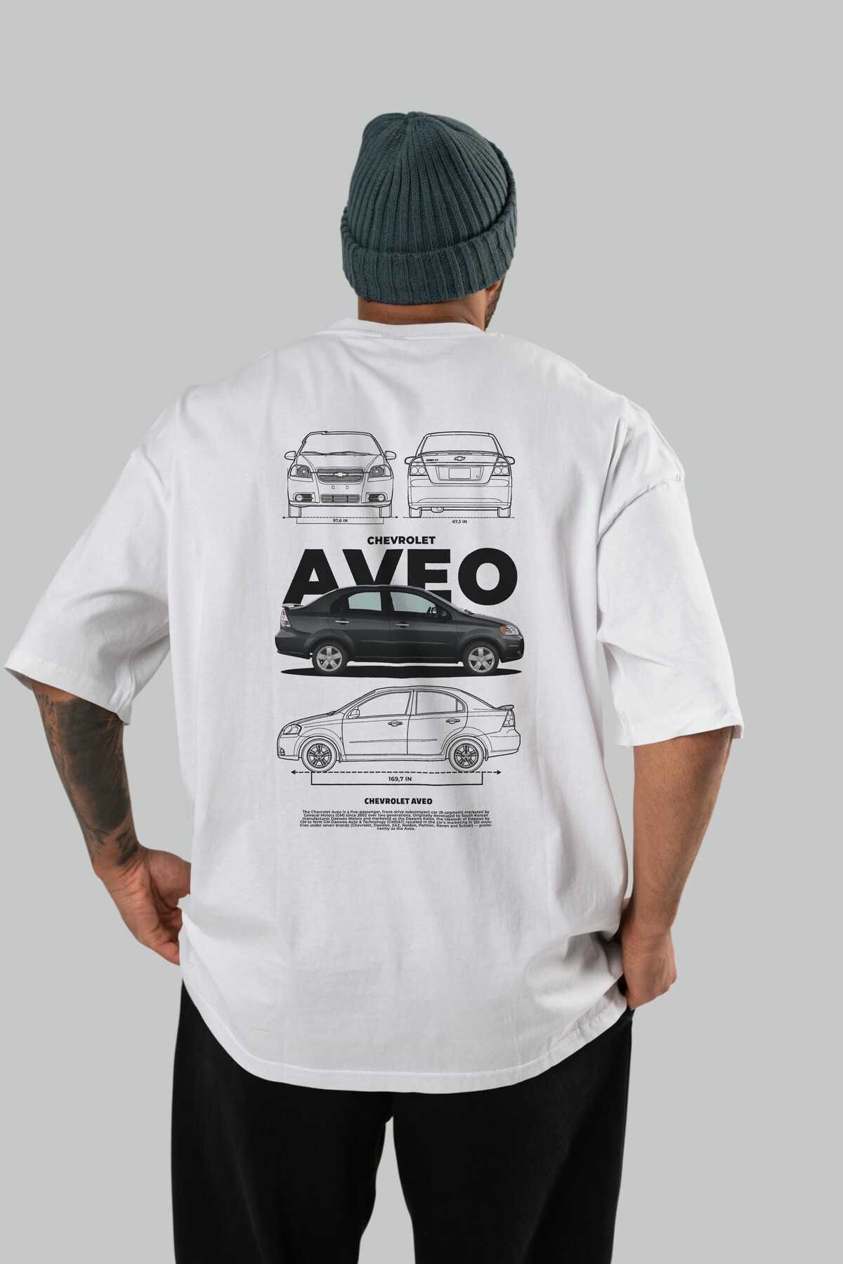 Ankhises Chevrolet Aveo Tricou Alb Oversize Cu Imprimeu Pe Spate Bumbac Cu Decolteu Rotund Bărbați Femei Unisex - M