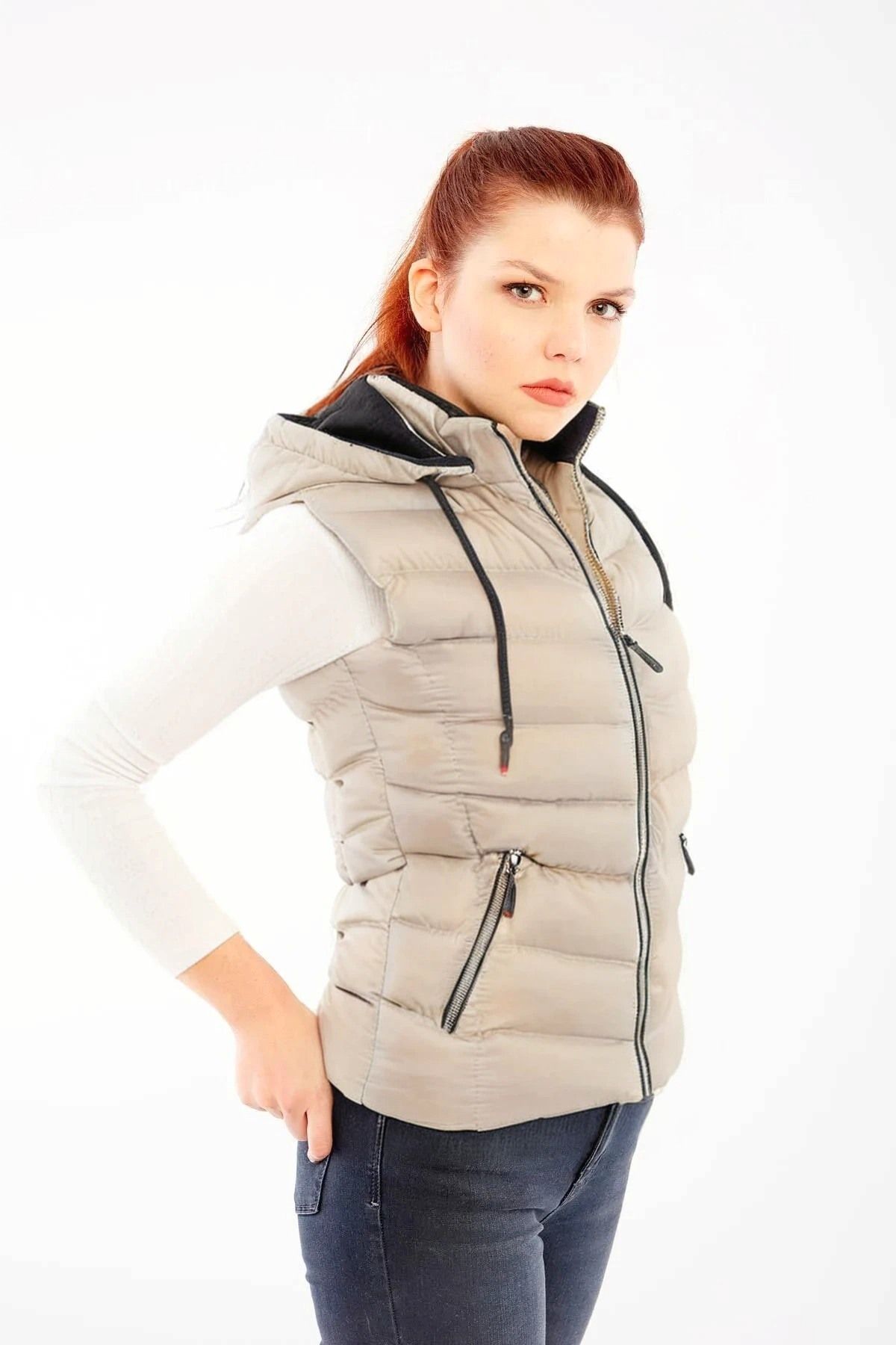 DYNAMO-Women's Ecru Hooded Puffer Vest Fleece Inside Hood 4
