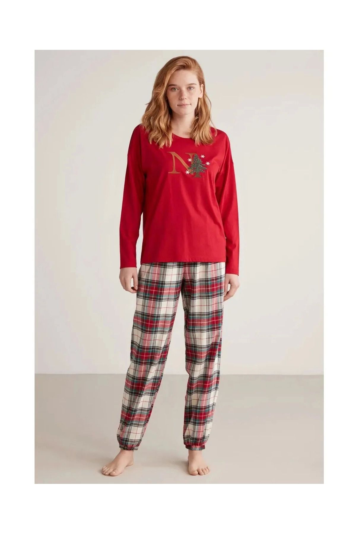 Kocabey W606 Kadın Uzun Kollu Ekoseli Pijama Takımı