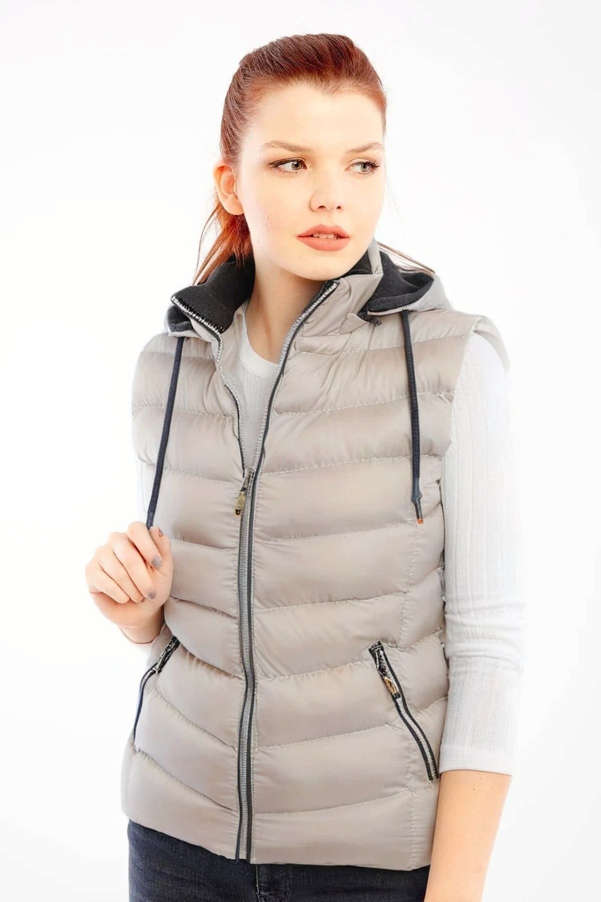 DYNAMO-Women's Ecru Hooded Puffer Vest Fleece Inside Hood 3