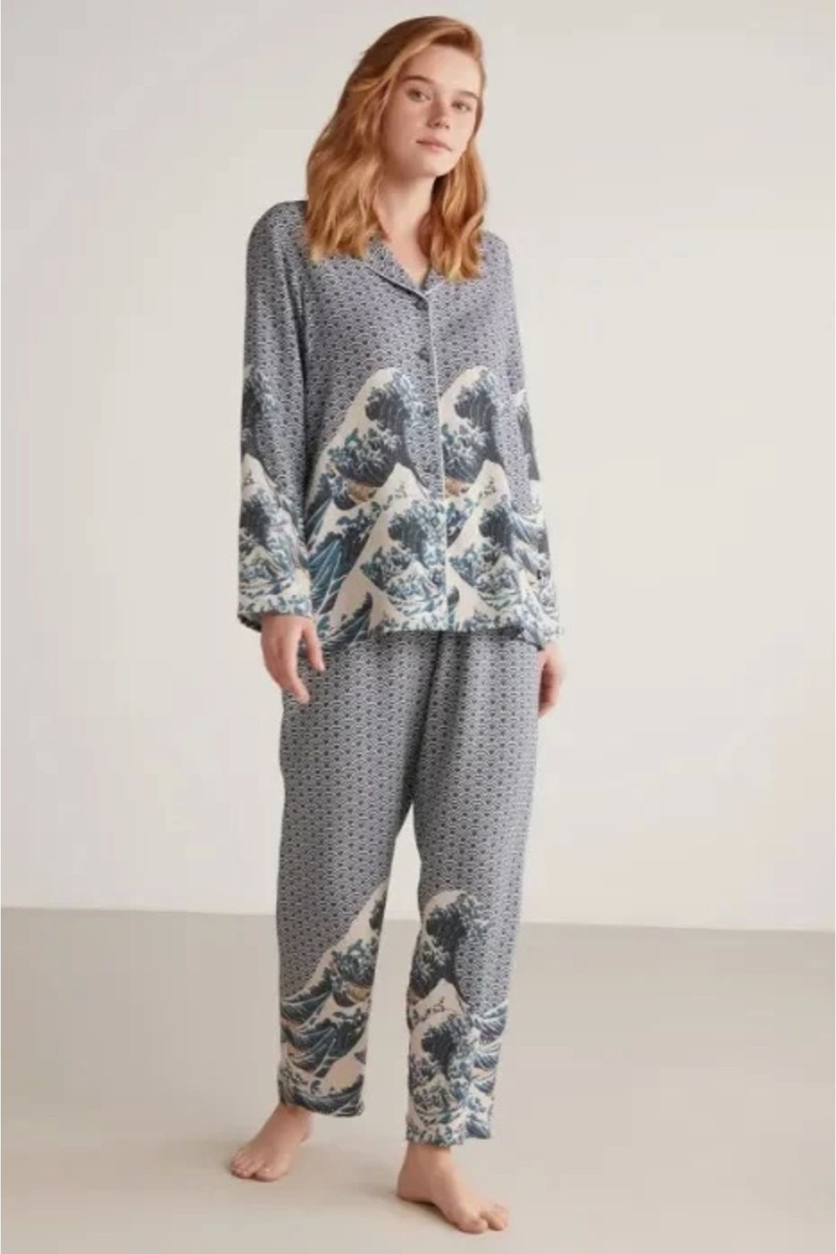 Kocabey W617 Kadın Uzun Kollu Önden Düğmeli Pijama Takımı