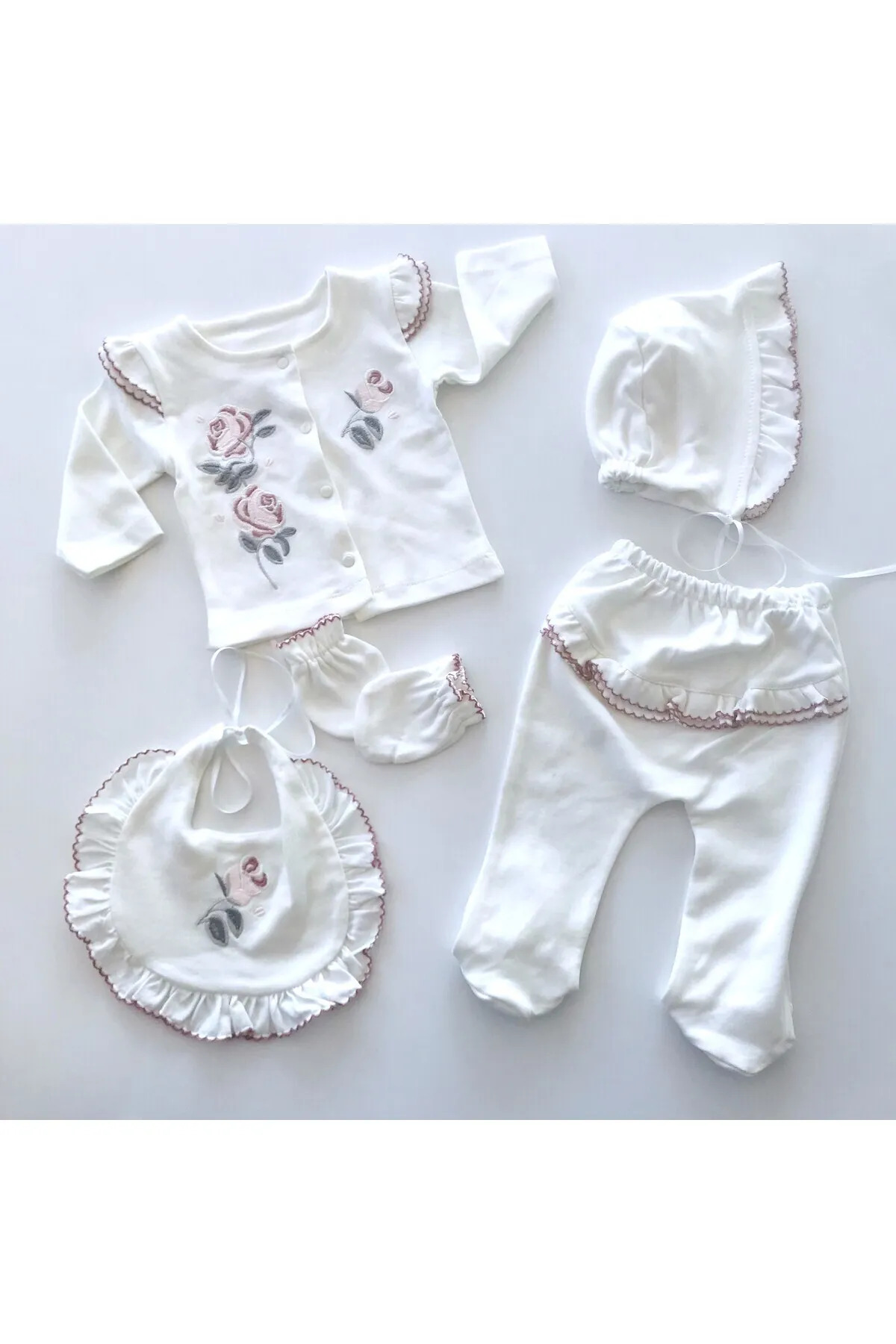 Bilge Trend KIZ BEBEK YENİ DOĞAN BEYAZ GÜL NAKIŞLI FIRFIRLI HASTANE ÇIKIŞI %100 PAMUK fotoğrafı 2 (önizleme)