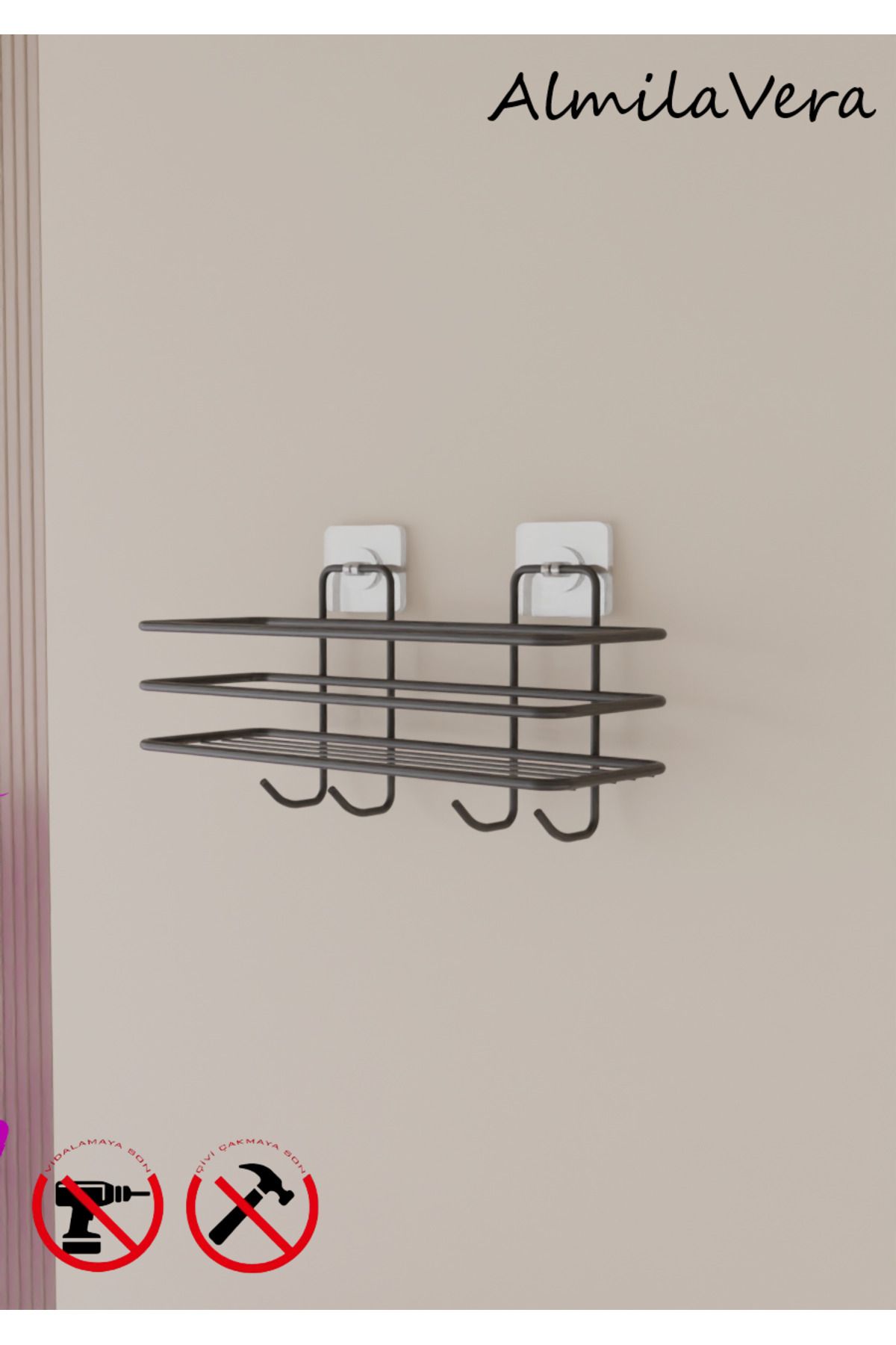 VİKİHOUSE-Bathroom and Kitchen Shelf with Black Adhesive 4 Hooks Bathroom and Kitchen Organizer 1