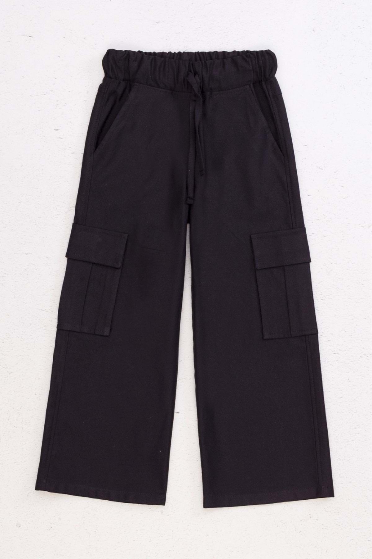wakawakakidsstore Kız Çocuk Kargo Cepli Bol Paça Pantolon - Siyah