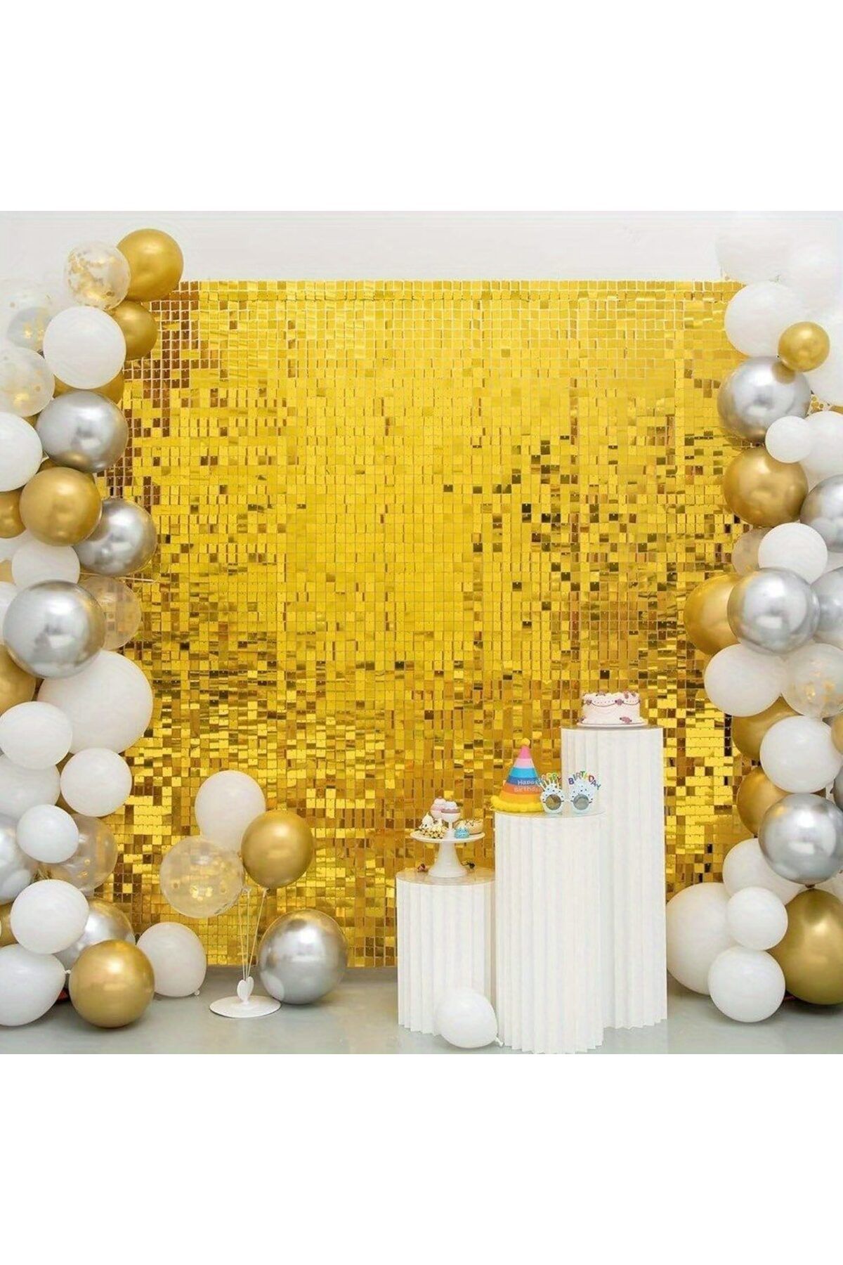 Easy Tedarik Altın Gold Renk Dikdörtgen Kesim Parlak Sim Görünümlü Fon Perde Dekor 1x2 Metre