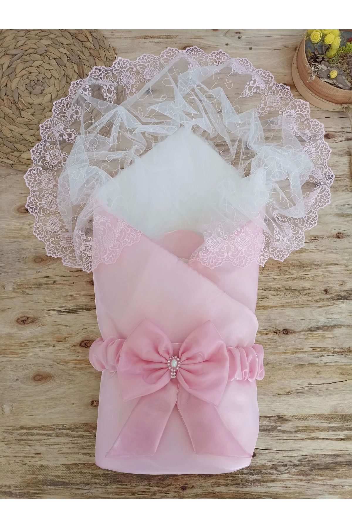 Ecenaz Yenidoğan Kumru İnci Fiyonk Kristal Parlak Duvaklı Kundak Bebek Battaniyesi Pembe