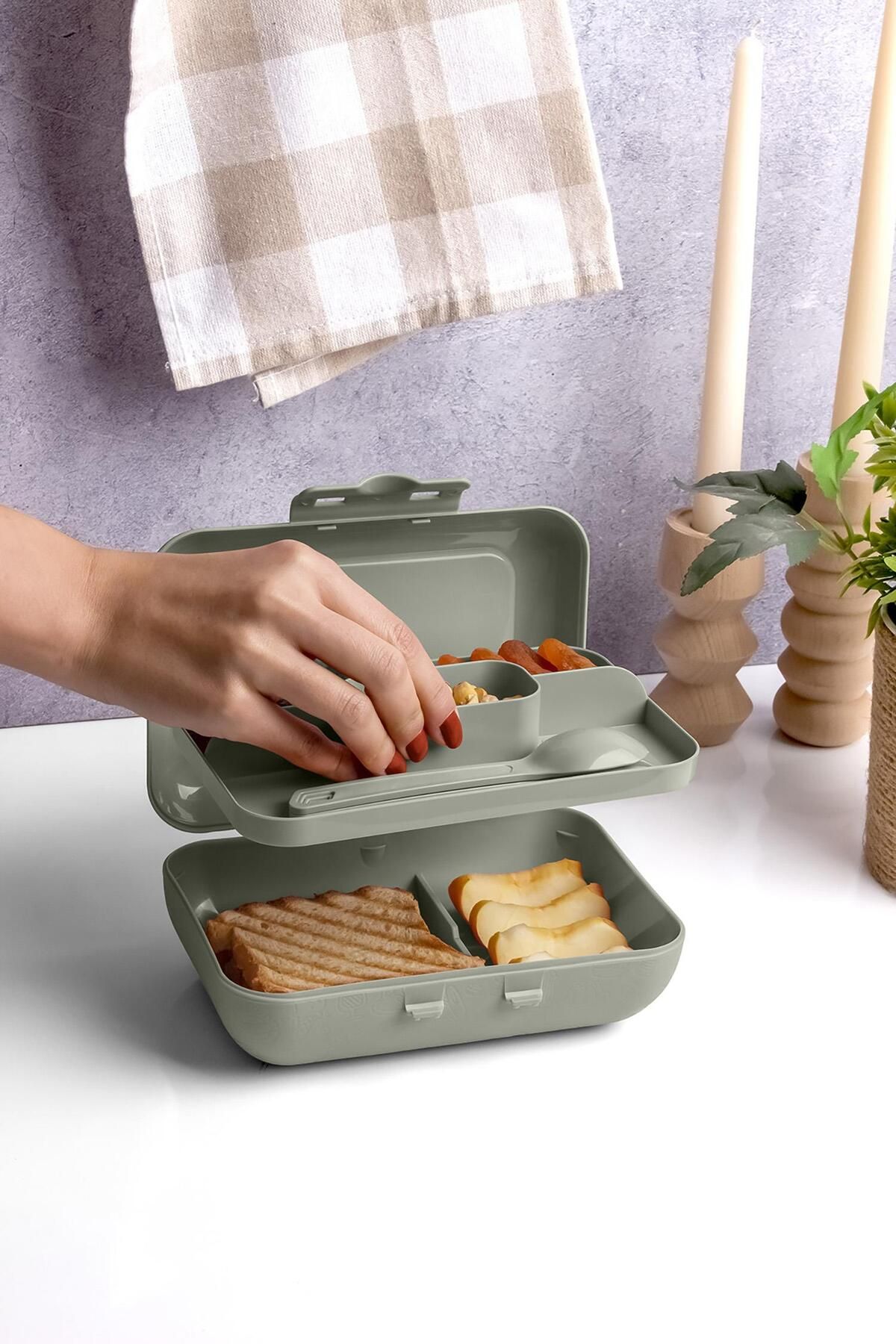 Okyanus Home-Green Lunch Box 2 Layers 5 Compartments Lunch Box with Self Fork and Spoon 2