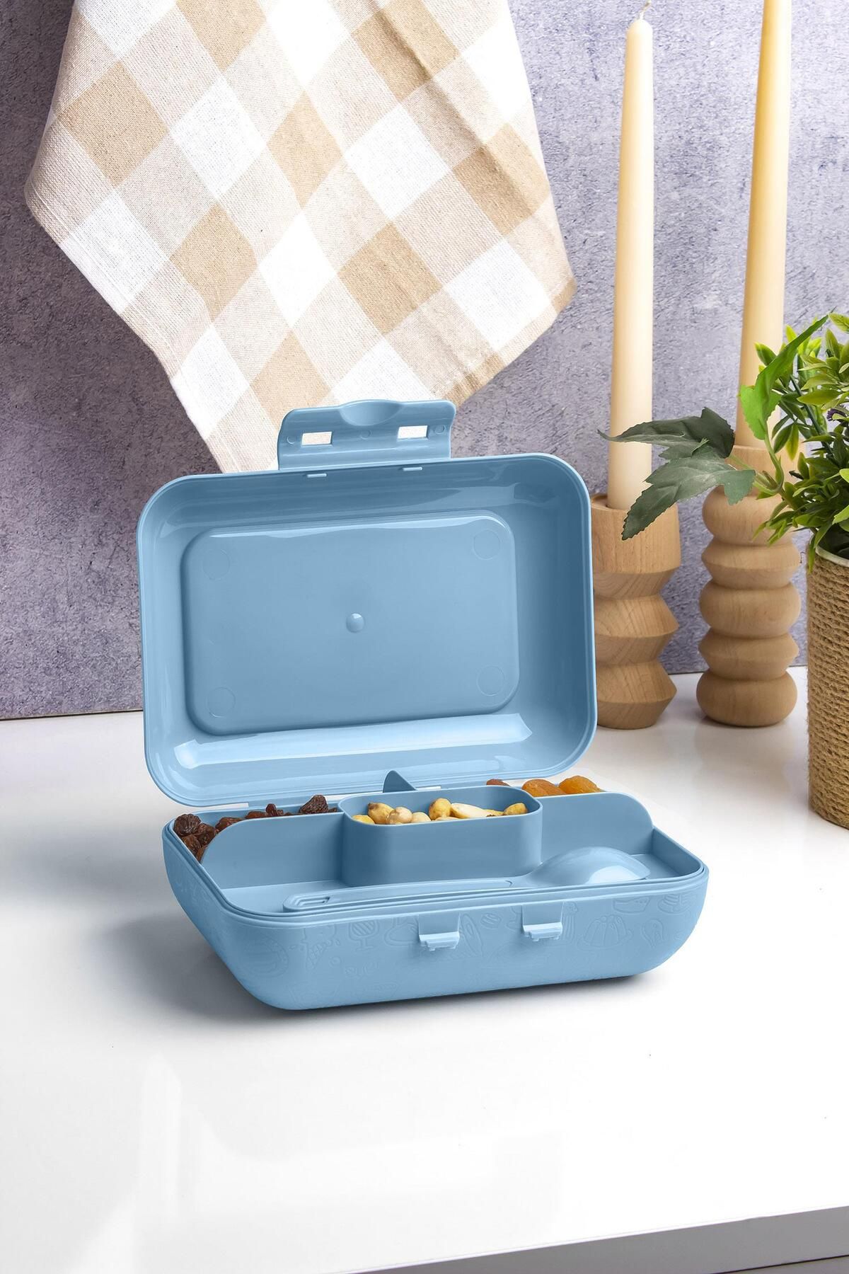 Okyanus Home-Blue Lunch Box 2 Layers 5 Compartments Lunch Box with Fork and Spoon 3