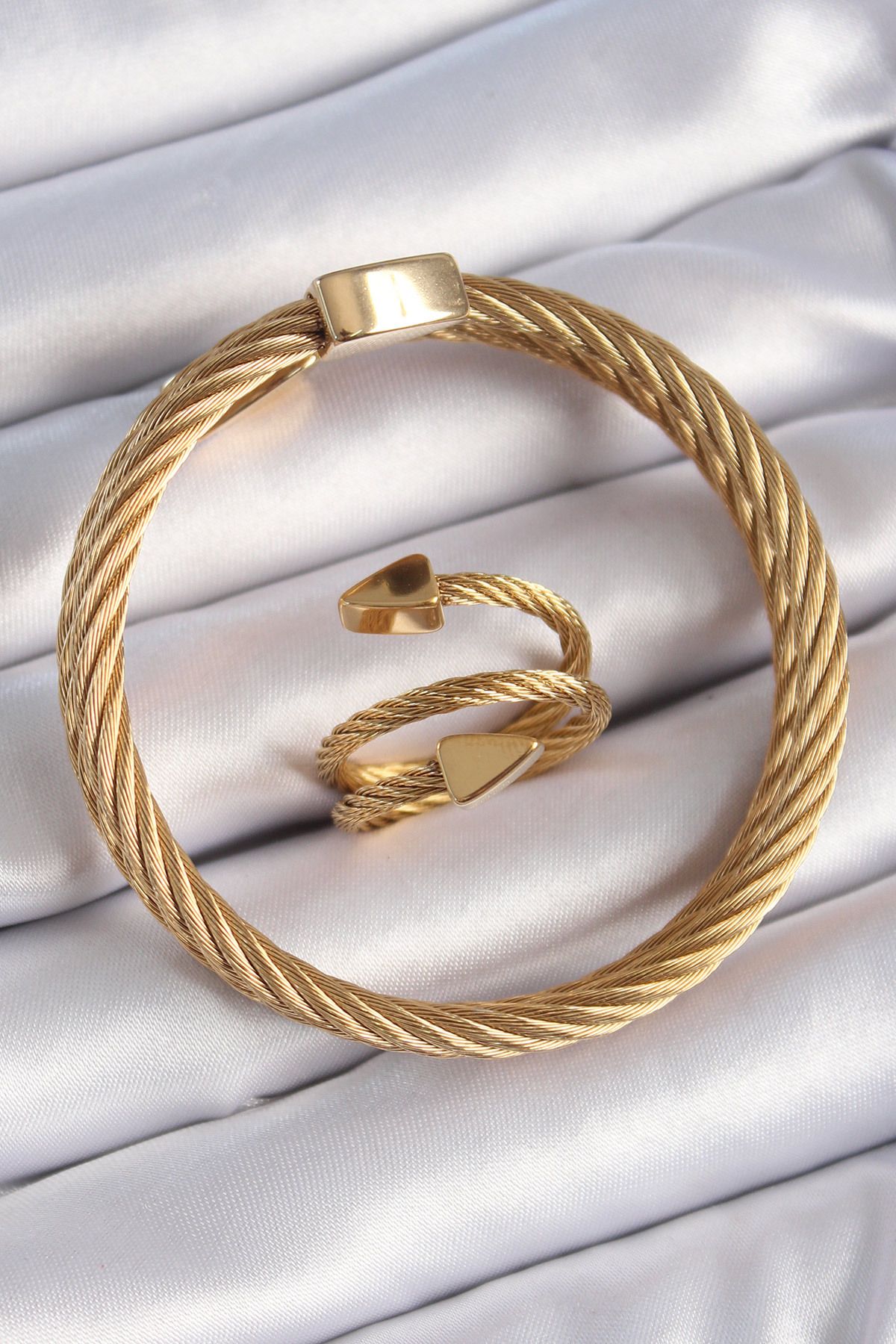 MMB Boutique 316L Çelik Gold Renk Sarmal Model Erkek Bileklik Yüzük Kombini