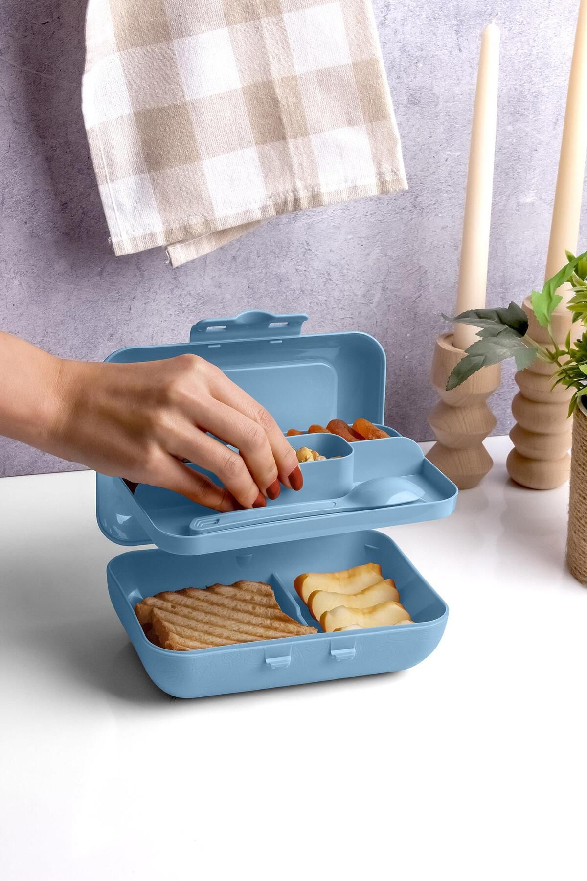 Okyanus Home-Blue Lunch Box 2 Layers 5 Compartments Lunch Box with Fork and Spoon 2