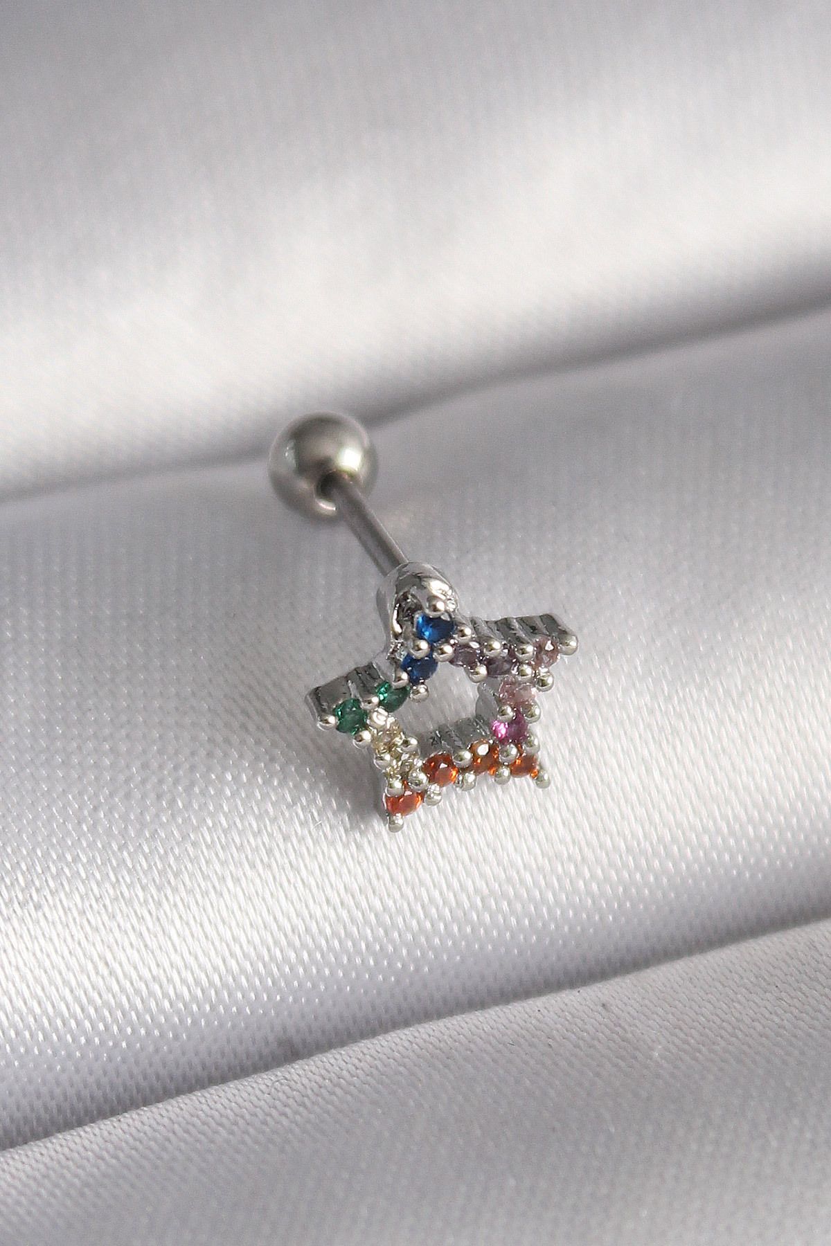 robotrend 316L Çelik Gümüş Renk Renkli Zirkon Taşlı Model Tragus Piercing