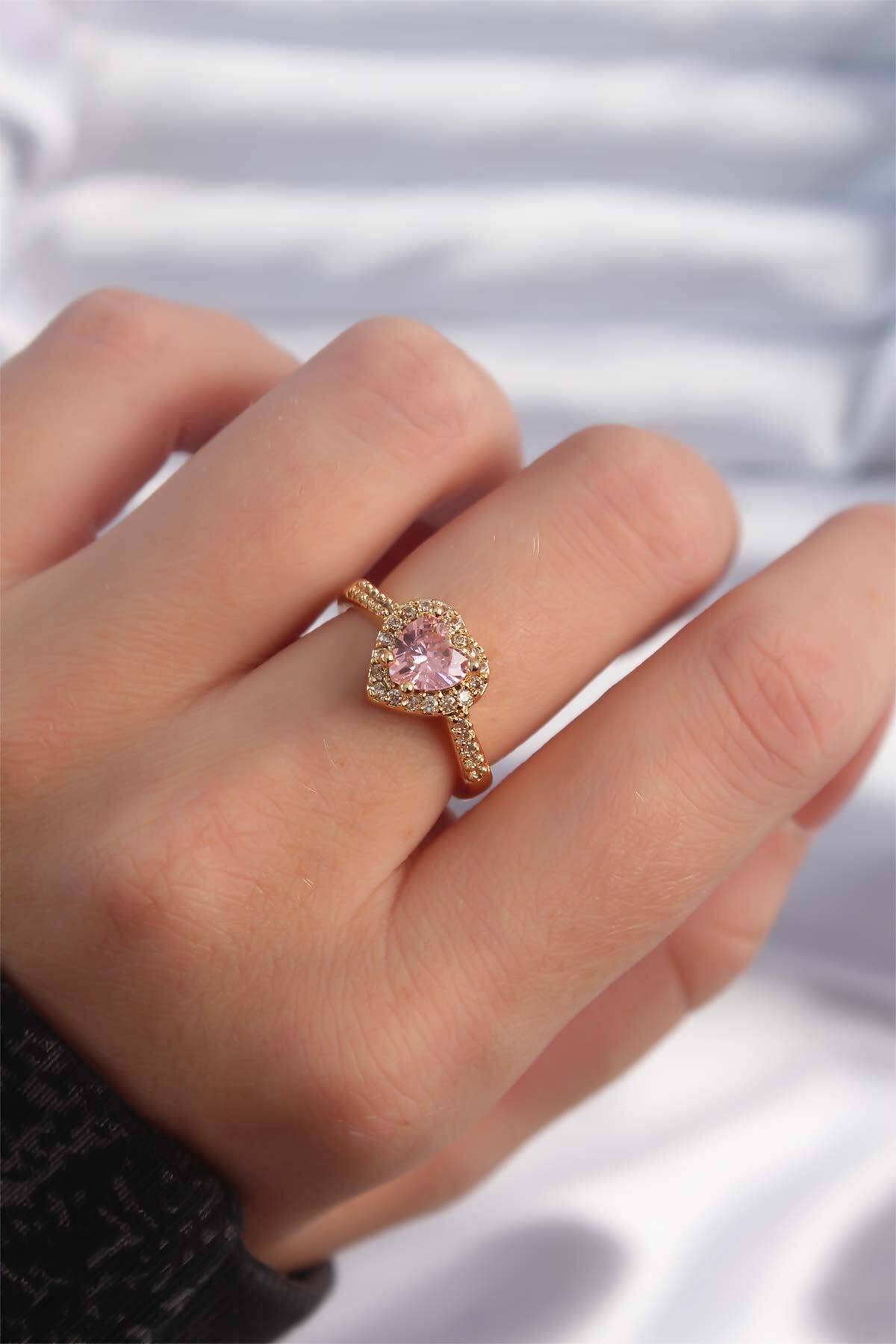 NEX Pirinç Altın Renk Pembe Zirkon Taşlı Charm Model Ayarlanabilir Yüzük