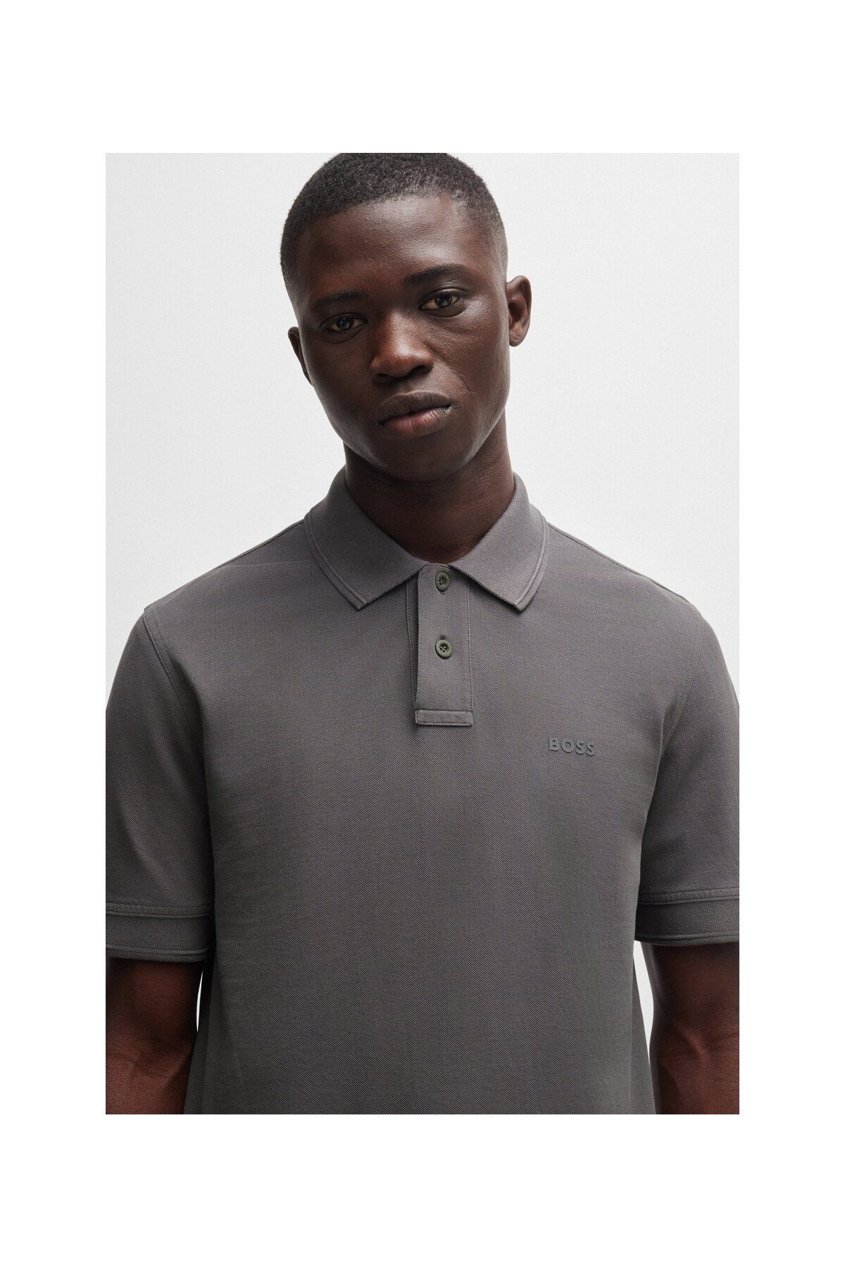 تی شرت یقه پولو خاکستری مردانه آرم طرح دار پنبه Pike Polo Yaka t shirt BOSS